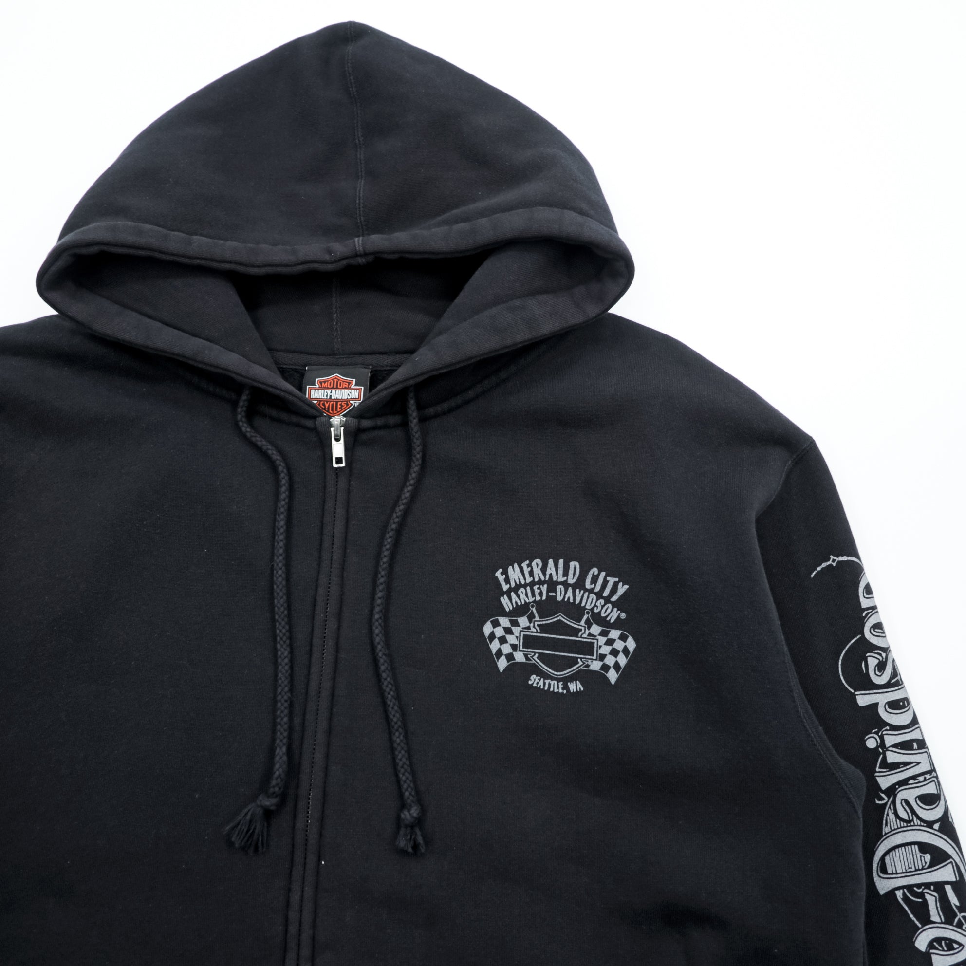 HARLEY DAVIDSON Zip-Up Hoodie L Black Sleeve Print Back Logo Made by Bravado EMERALD CITY