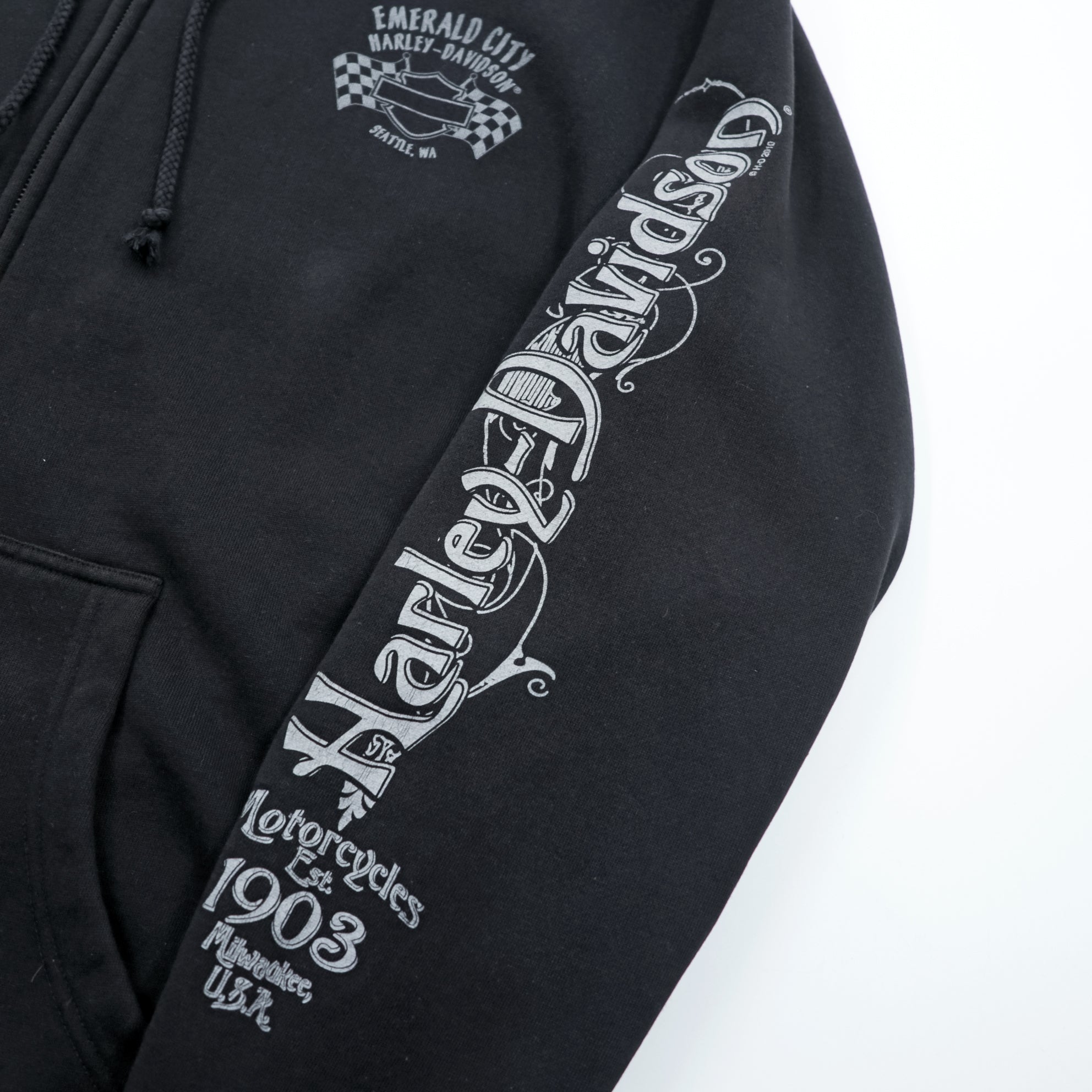 HARLEY DAVIDSON Zip-Up Hoodie L Black Sleeve Print Back Logo Made by Bravado EMERALD CITY