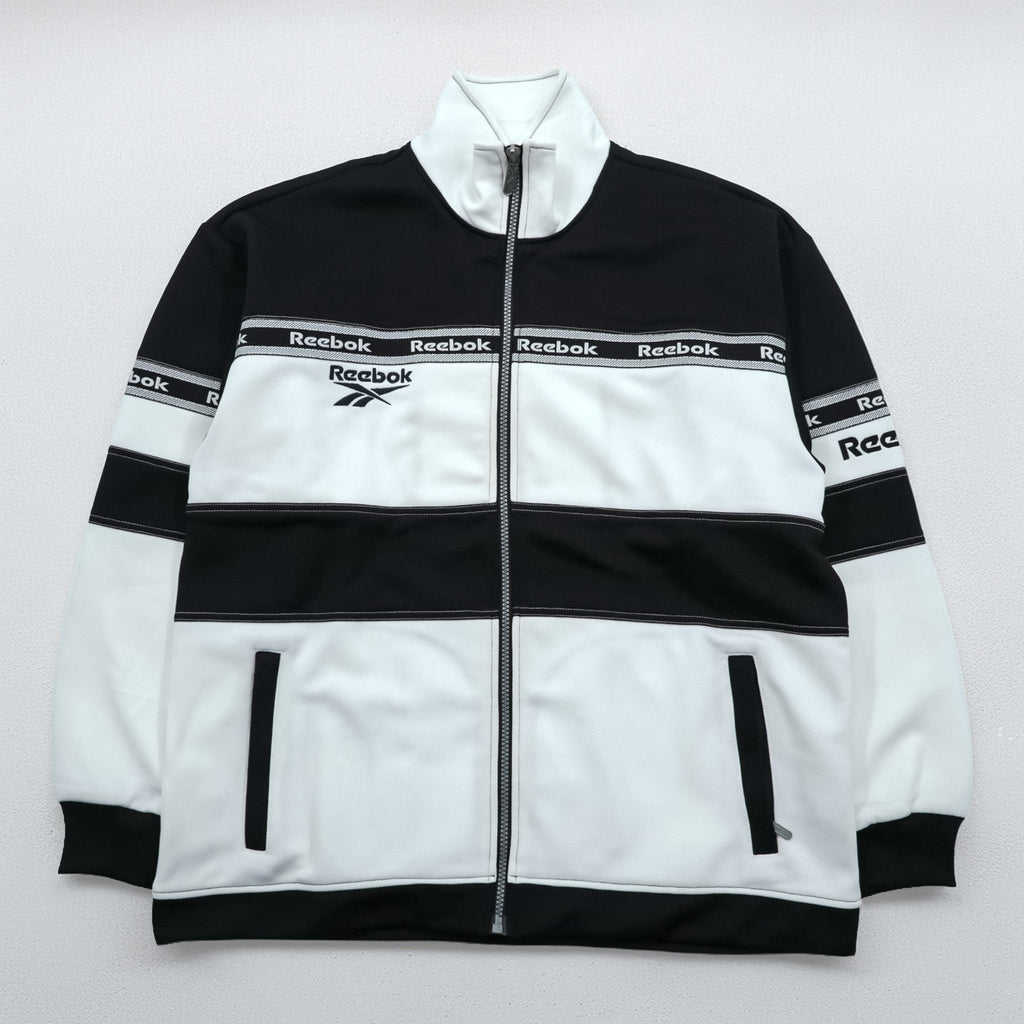 Reebok 90s Track Jacket Jersey M White Black Drawstring Stand Collar Full Zip