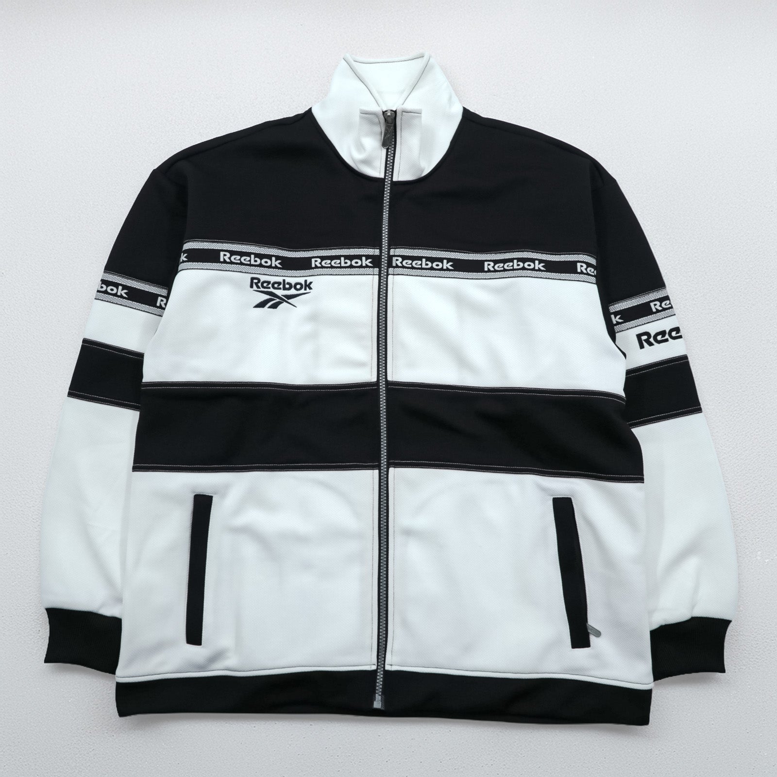 Reebok 90s Track Jacket Jersey M White Black Drawstring Stand Collar Full Zip
