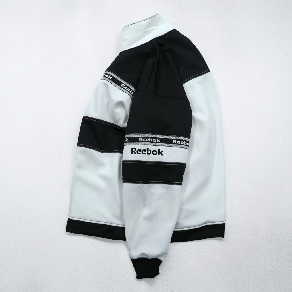 Reebok 90s Track Jacket Jersey M White Black Drawstring Stand Collar Full Zip