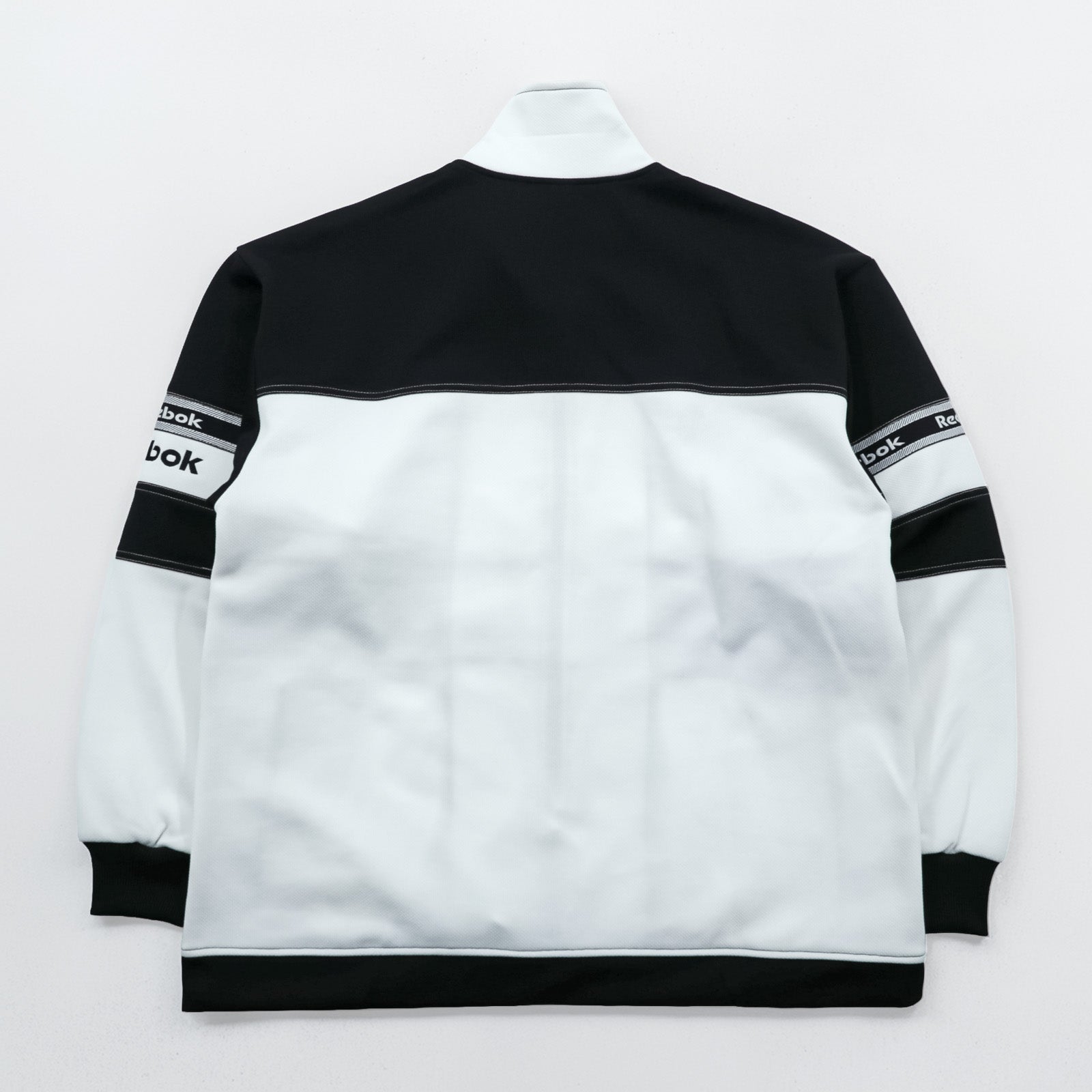 Reebok 90s Track Jacket Jersey M White Black Drawstring Stand Collar Full Zip