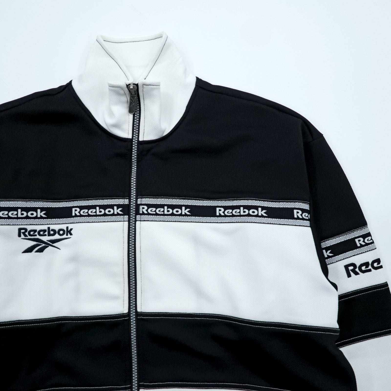Reebok 90s Track Jacket Jersey M White Black Drawstring Stand Collar Full Zip