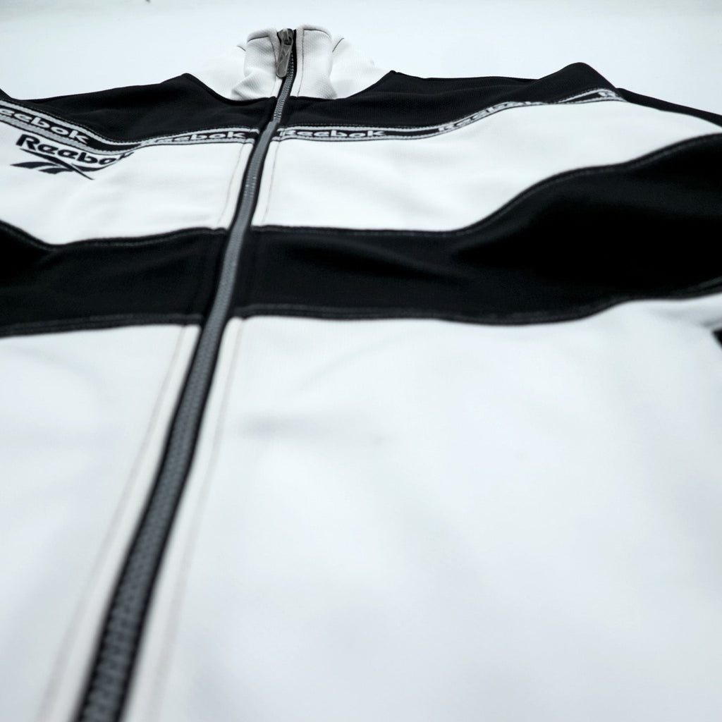 Reebok 90s Track Jacket Jersey M White Black Drawstring Stand Collar Full Zip