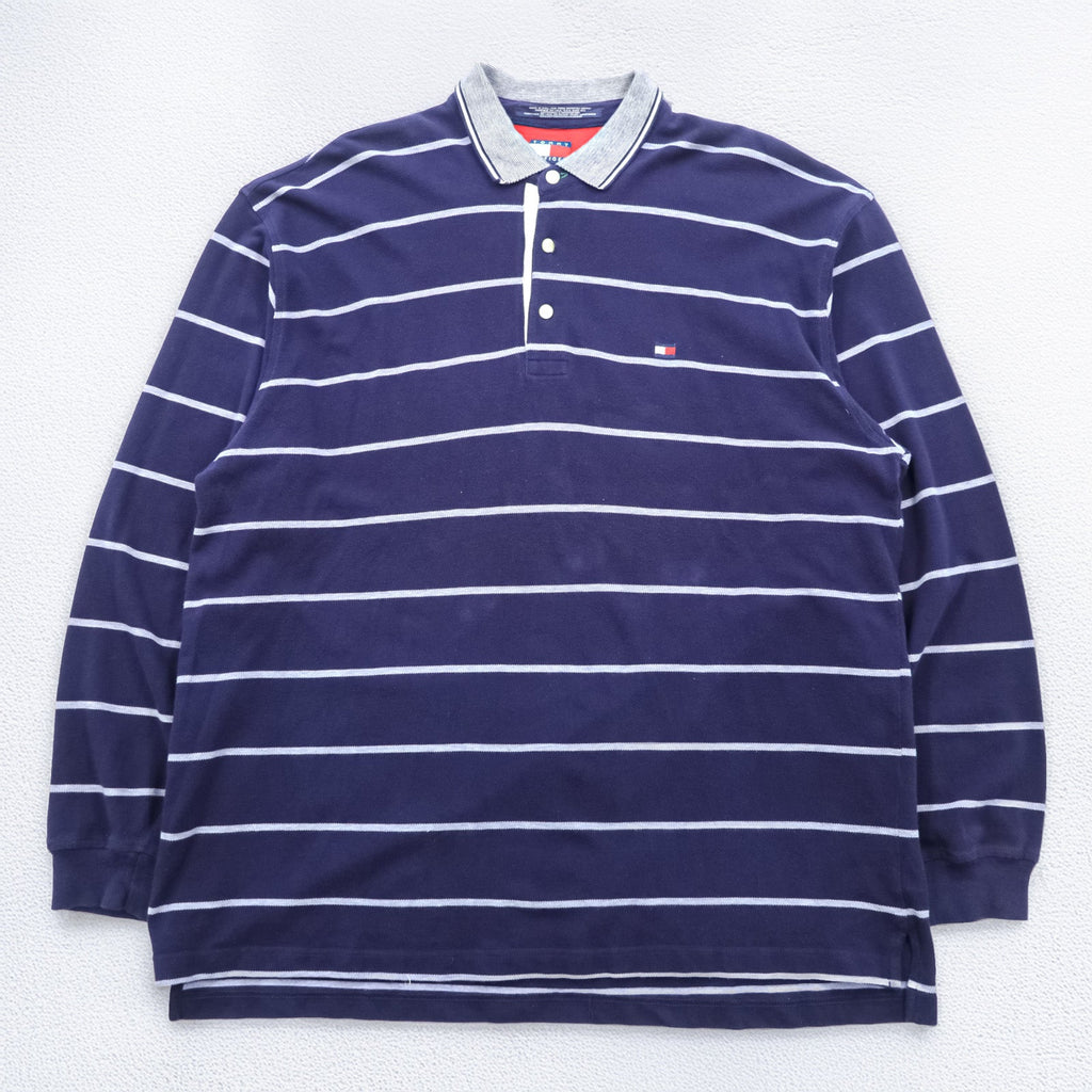 TOMMY HILFIGER 90s Made in USA Rugby Shirt Long Sleeve Polo Shirt 2XL Striped Navy Cotton Big Size