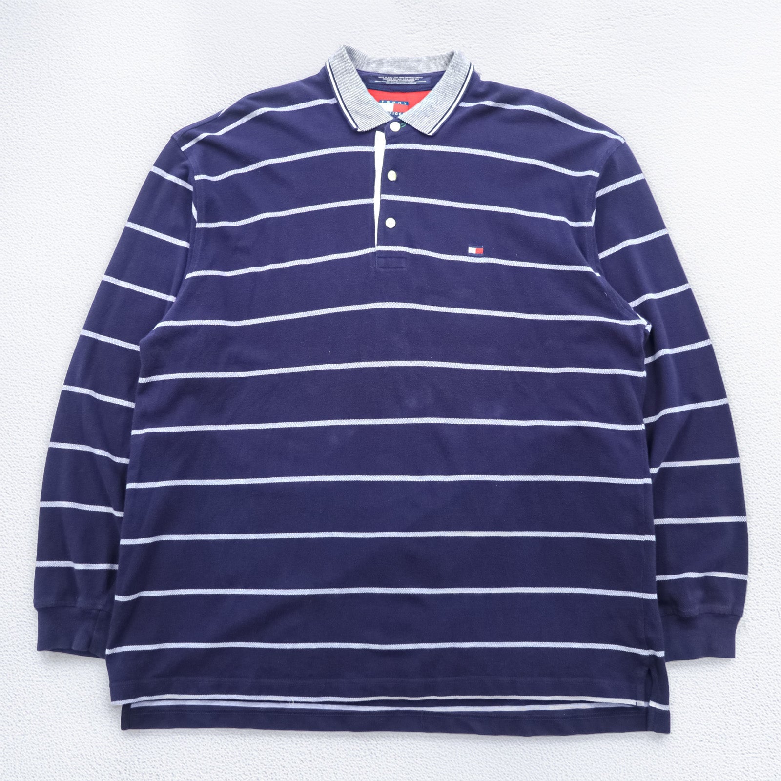 TOMMY HILFIGER 90s Made in USA Rugby Shirt Long Sleeve Polo Shirt 2XL Striped Navy Cotton Big Size