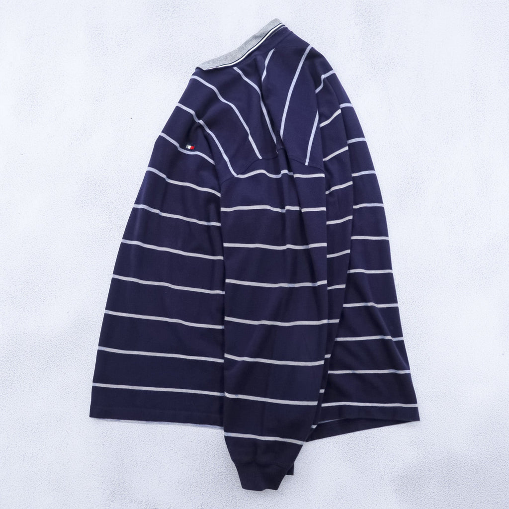 TOMMY HILFIGER 90s Made in USA Rugby Shirt Long Sleeve Polo Shirt 2XL Striped Navy Cotton Big Size