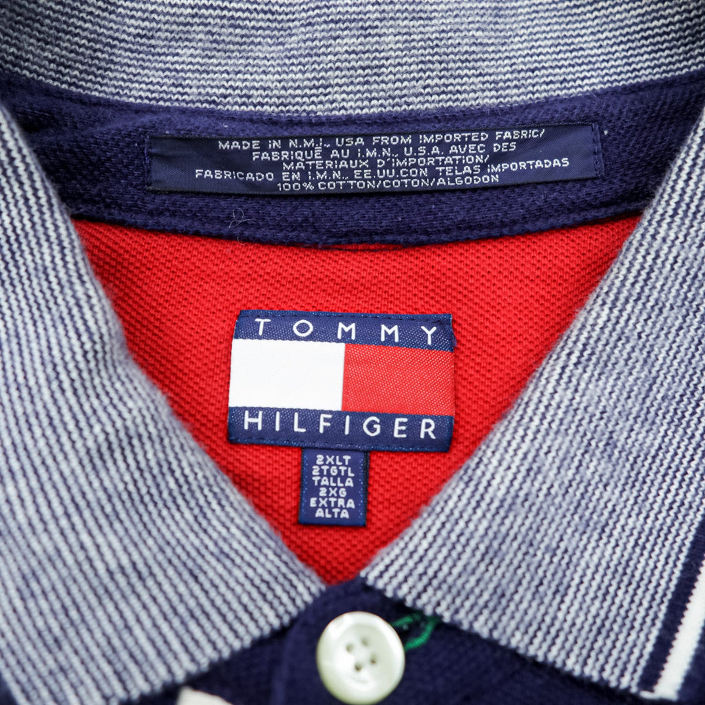 TOMMY HILFIGER 90s Made in USA Rugby Shirt Long Sleeve Polo Shirt 2XL Striped Navy Cotton Big Size