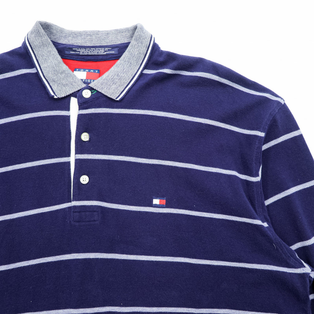 TOMMY HILFIGER 90s Made in USA Rugby Shirt Long Sleeve Polo Shirt 2XL Striped Navy Cotton Big Size