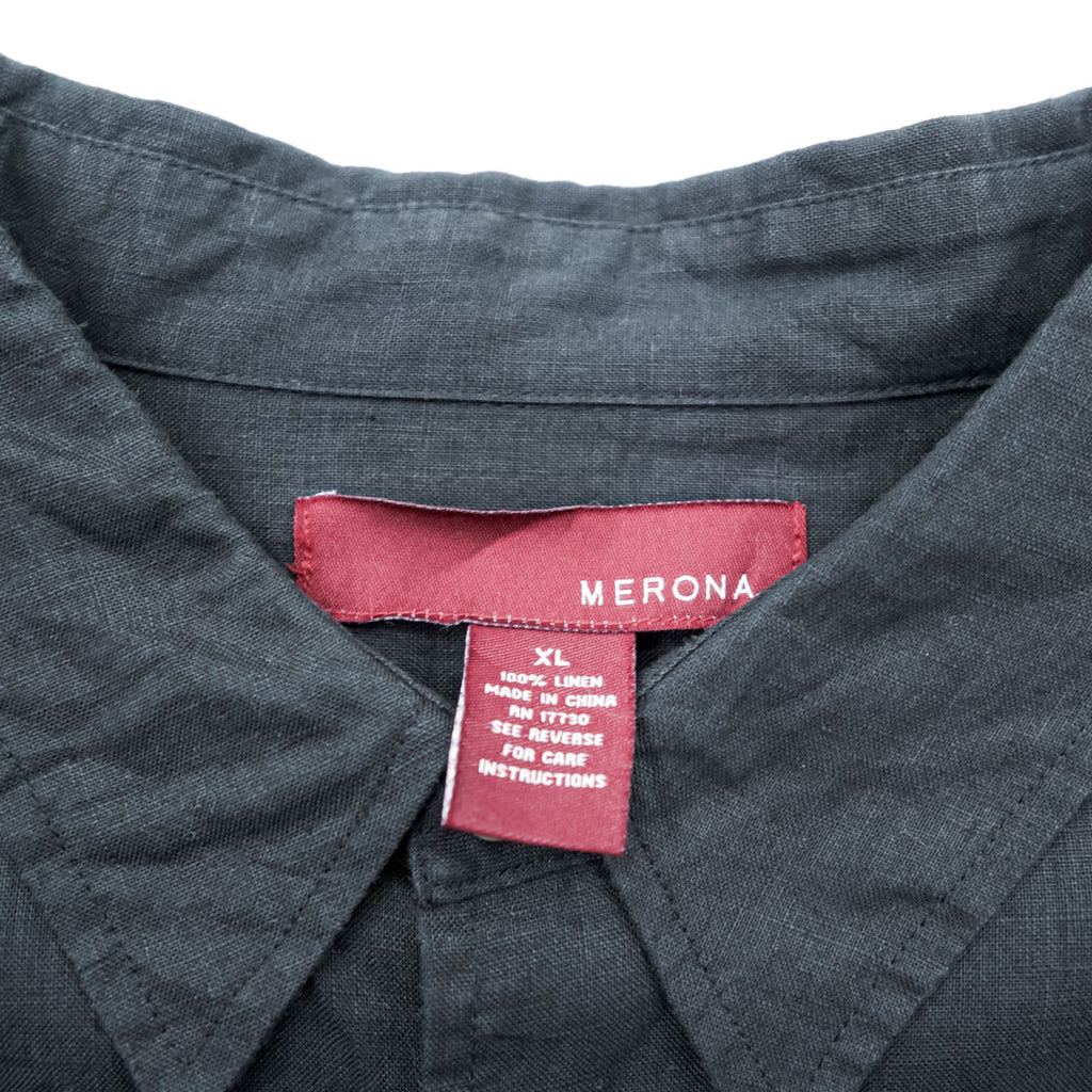 MERONA Linen Shirt, 100% Linen, Long Sleeve, XL, Black, Chest Pocket, Oversized