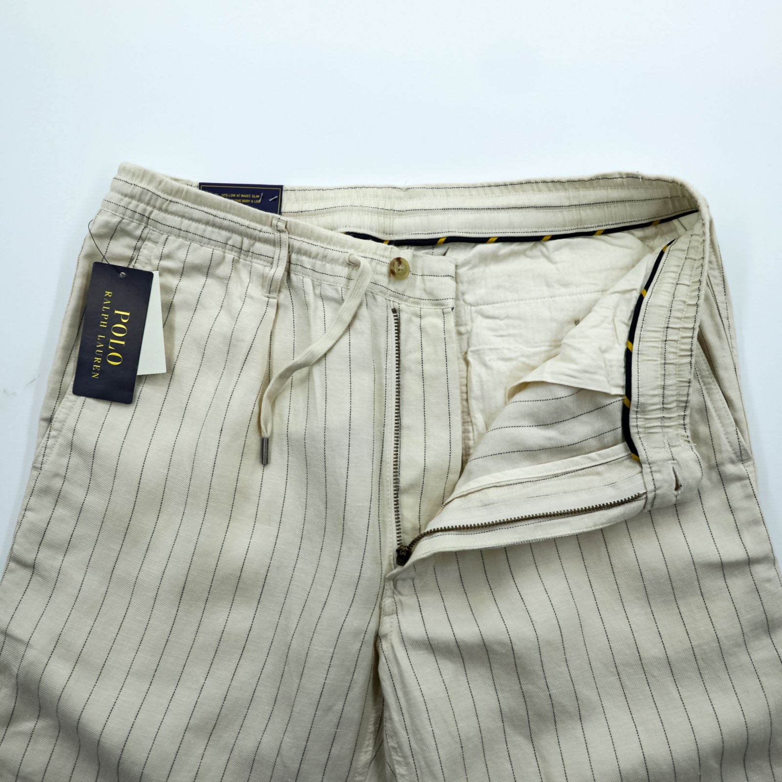Polo Ralph Lauren プレップスター イージー リネン スラックス パンツ M ベージュ ストライプ スリム テーパード フィット 未使用品 MNPOPNT14G20349