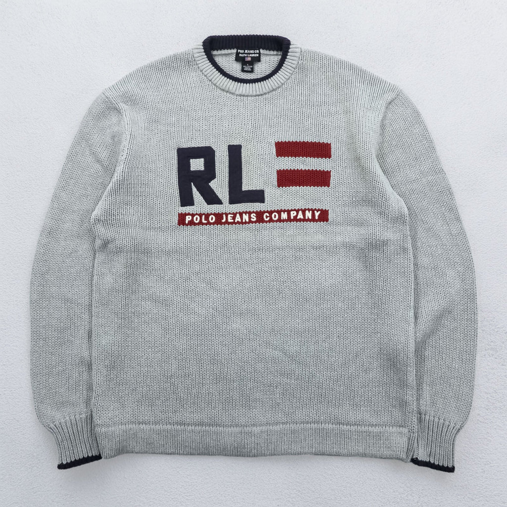 Polo Ralph Lauren 90s Stars & Stripes Cotton Knit Crew Neck Sweater L Gray RL POLO JEANS