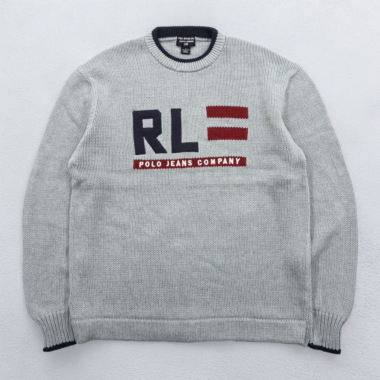 Polo Ralph Lauren 90s Stars & Stripes Cotton Knit Crew Neck Sweater L Gray RL POLO JEANS