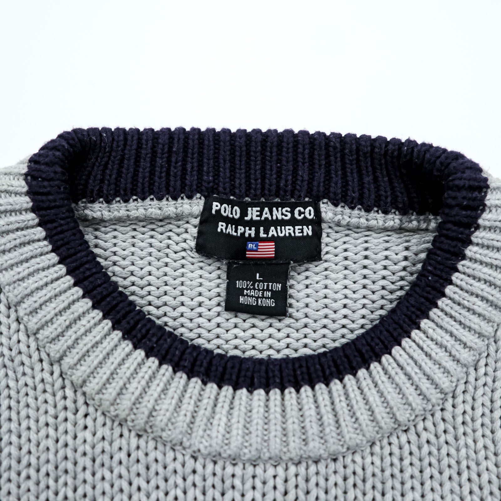 Polo Ralph Lauren 90s Stars & Stripes Cotton Knit Crew Neck Sweater L Gray RL POLO JEANS
