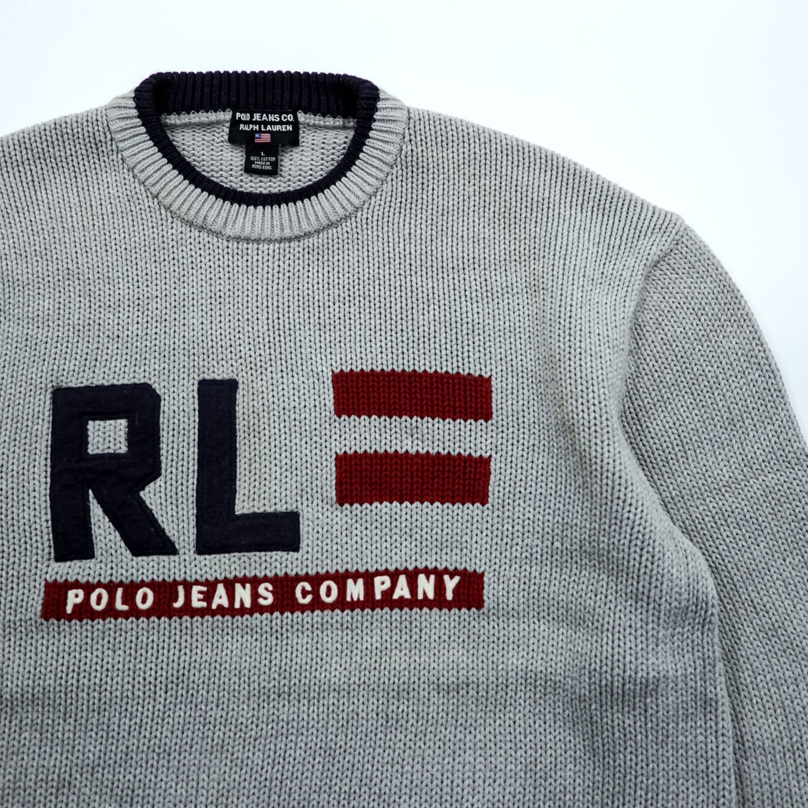 Polo Ralph Lauren 90s Stars & Stripes Cotton Knit Crew Neck Sweater L Gray RL POLO JEANS