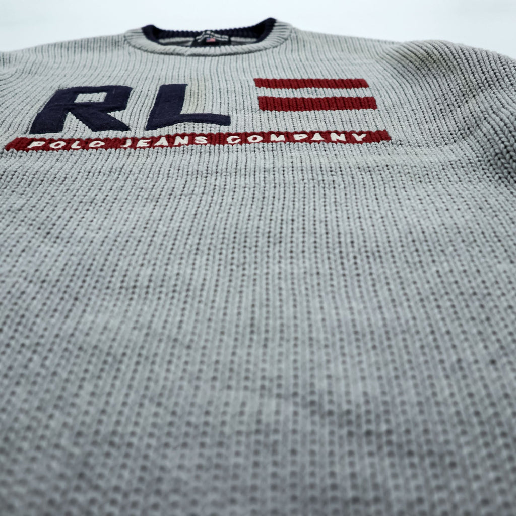 Polo Ralph Lauren 90s Stars & Stripes Cotton Knit Crew Neck Sweater L Gray RL POLO JEANS