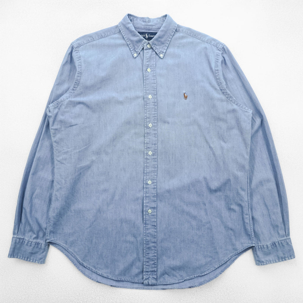 Ralph Lauren 90s Chambray Button-Down Shirt L Blue CLASSIC FIT Small Pony Embroidered Logo