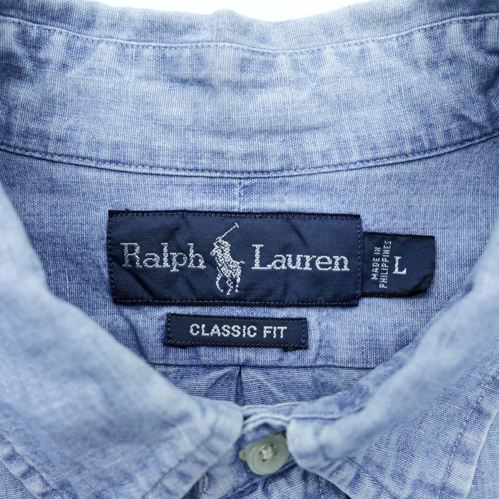Ralph Lauren 90s Chambray Button-Down Shirt L Blue CLASSIC FIT Small Pony Embroidered Logo