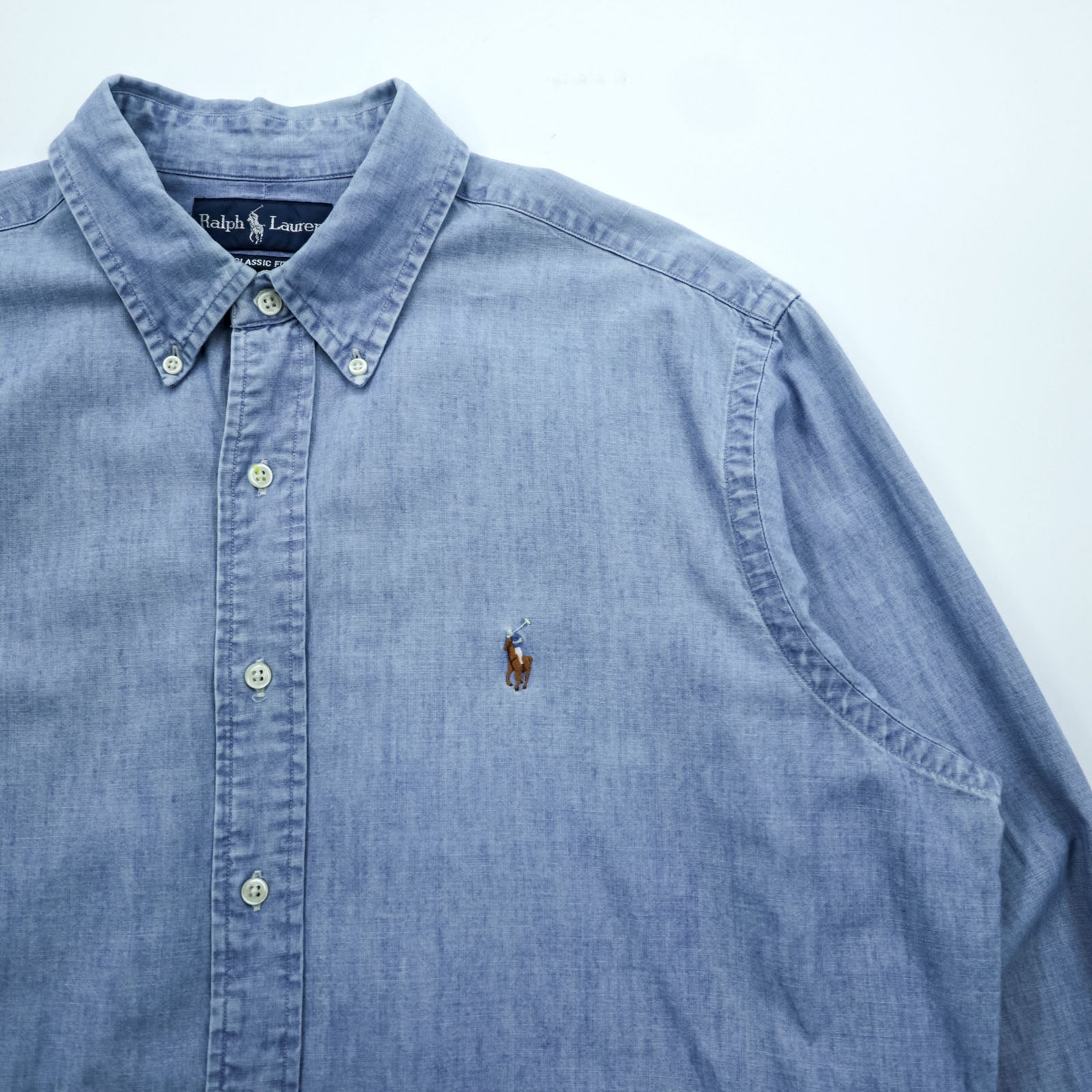 Ralph Lauren 90s Chambray Button-Down Shirt L Blue CLASSIC FIT Small Pony Embroidered Logo