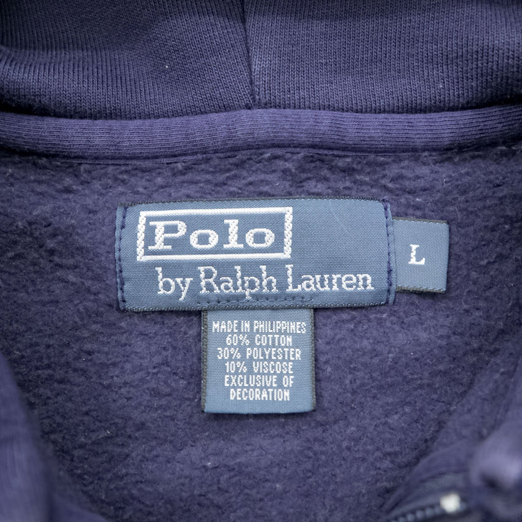 Polo Ralph Lauren 90s Big Pony Embroidered Zip Hoodie L Navy Front Pocket Cotton