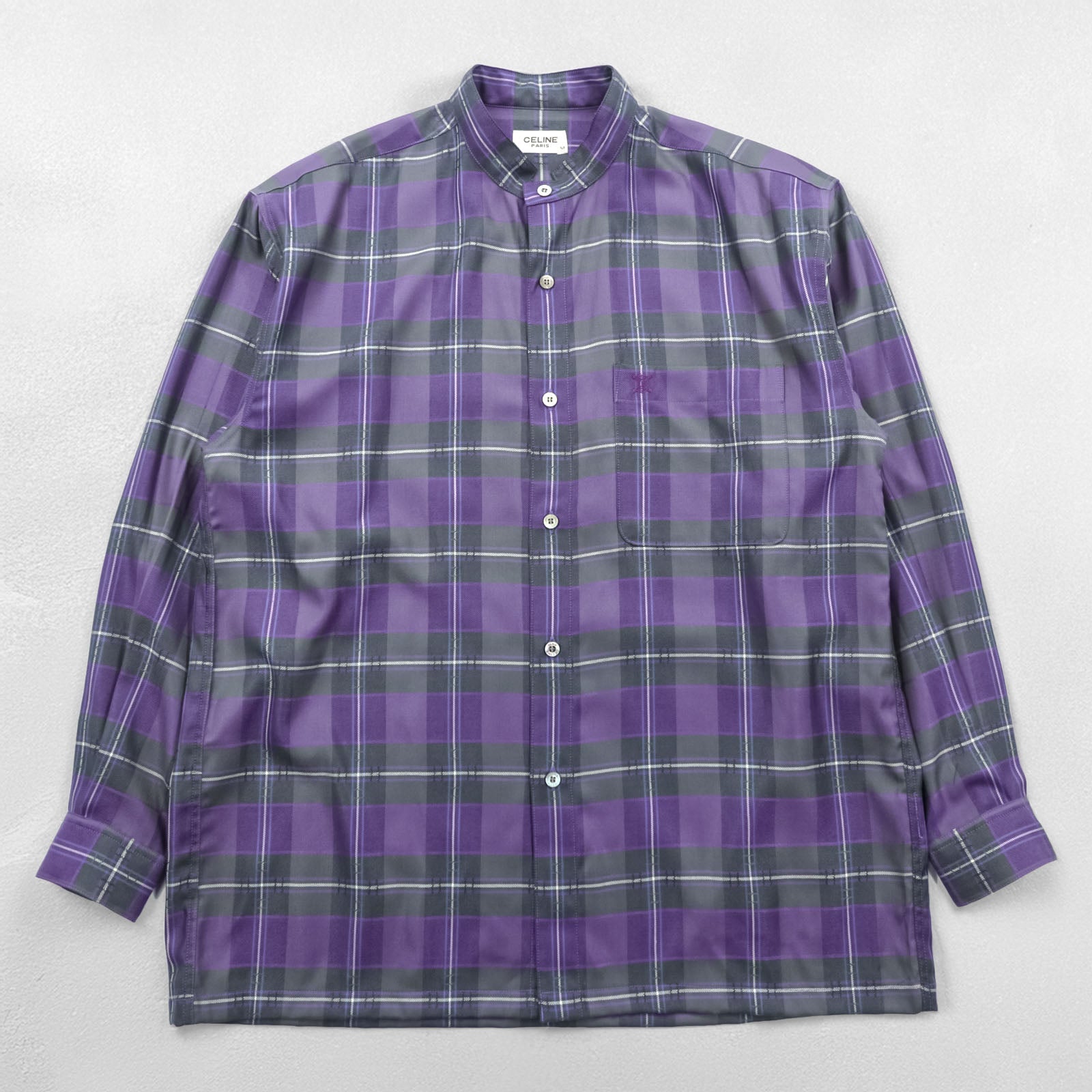 CELINE Band Collar Silk Shirt M Check Chest Pocket One-point Logo Embroidery Box Silhouette 90s Made in Japan