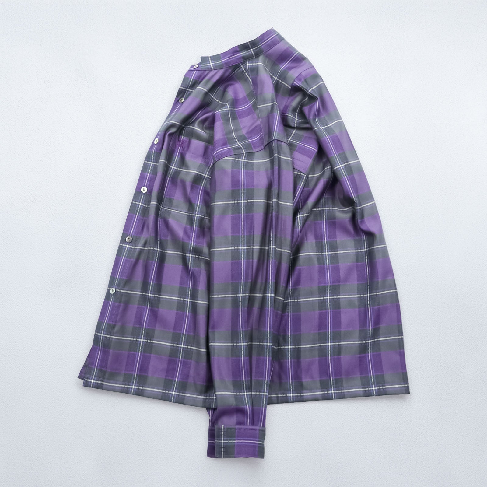 CELINE Band Collar Silk Shirt M Check Chest Pocket One-point Logo Embroidery Box Silhouette 90s Made in Japan