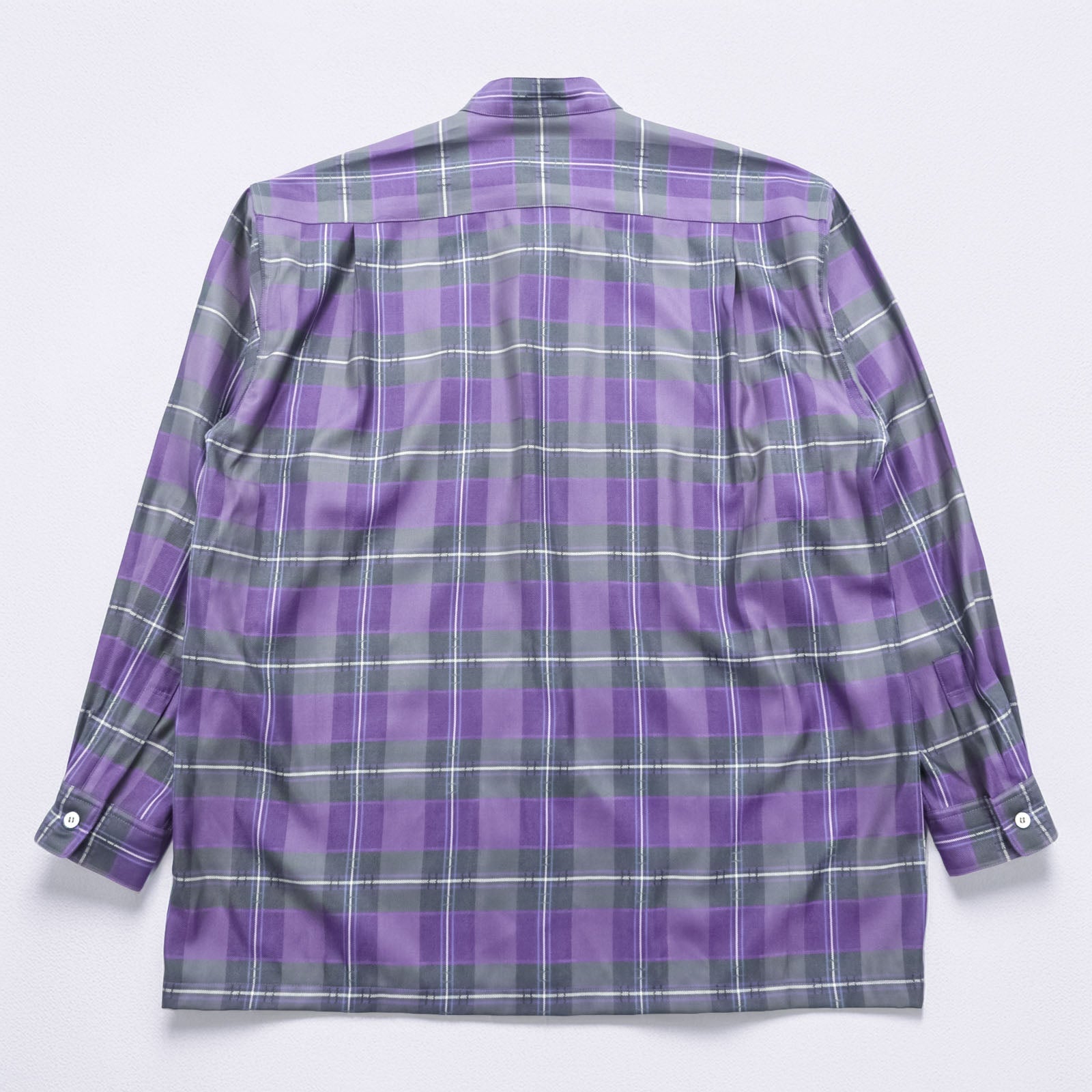 CELINE Band Collar Silk Shirt M Check Chest Pocket One-point Logo Embroidery Box Silhouette 90s Made in Japan