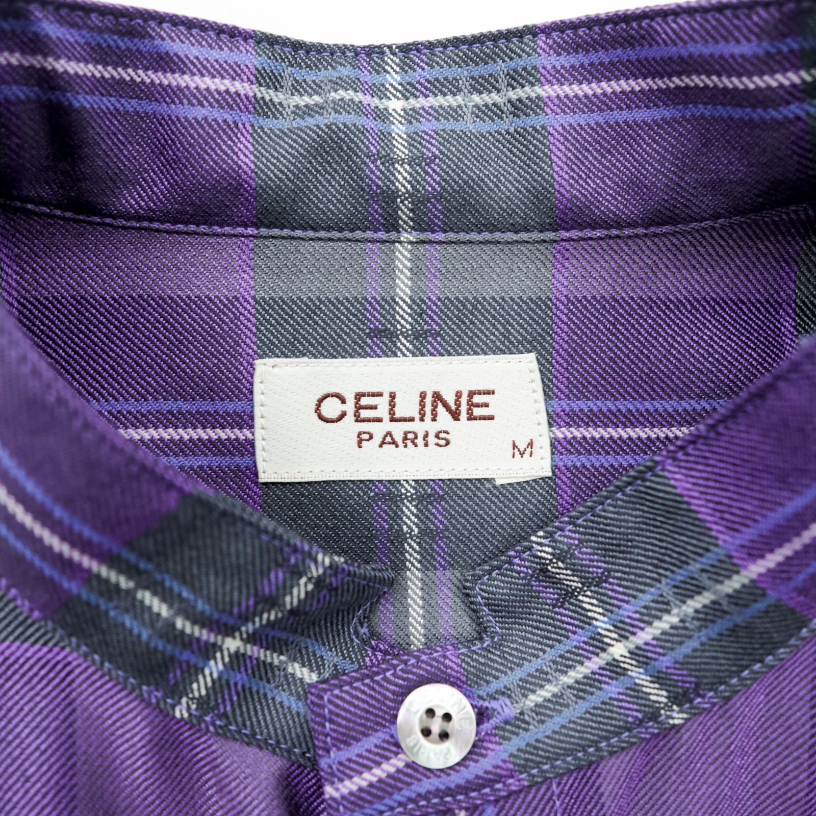 CELINE Band Collar Silk Shirt M Check Chest Pocket One-point Logo Embroidery Box Silhouette 90s Made in Japan