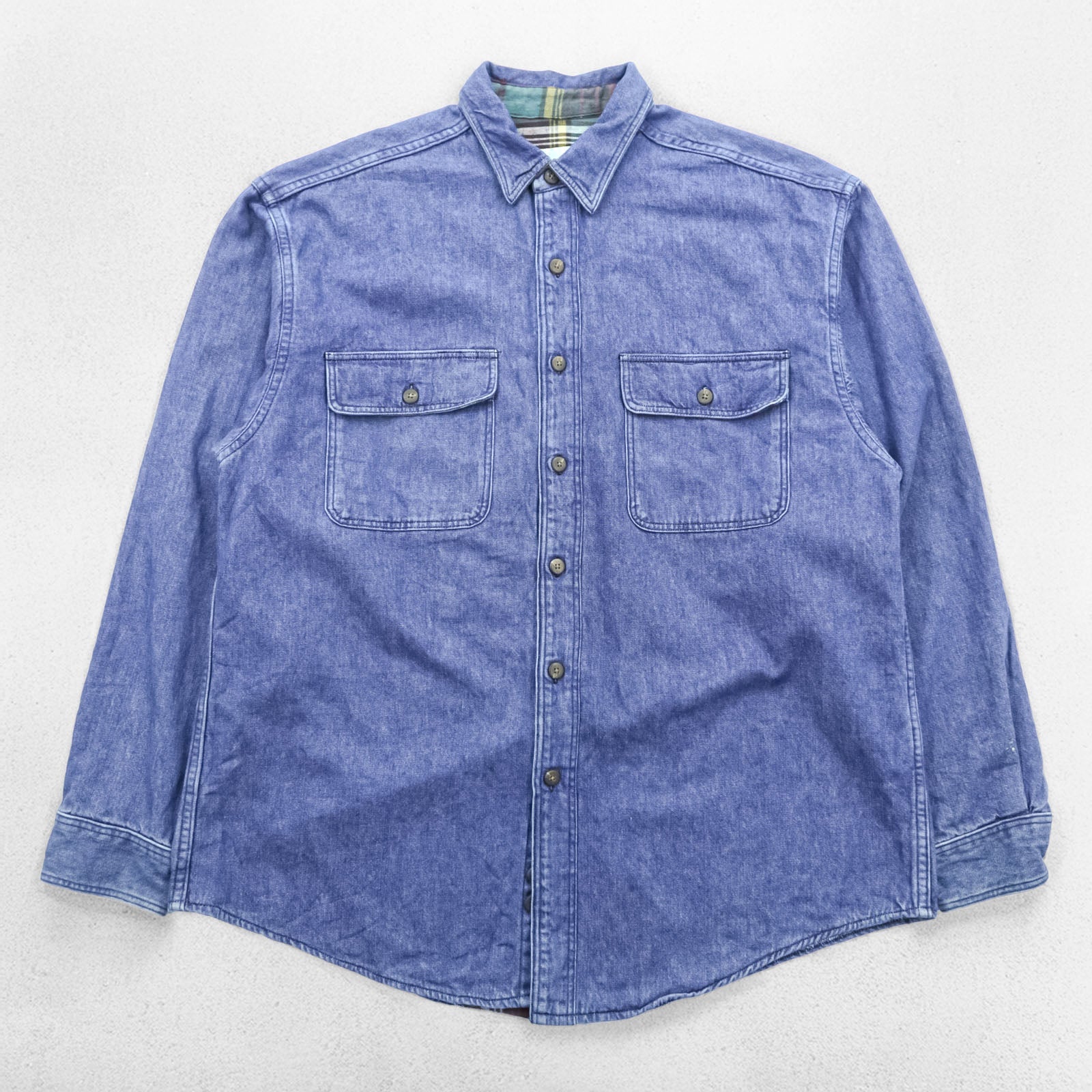 Eddie Bauer 90s USA Made Denim Work Shirt L Indigo Chest Pockets Flannel Check Lining