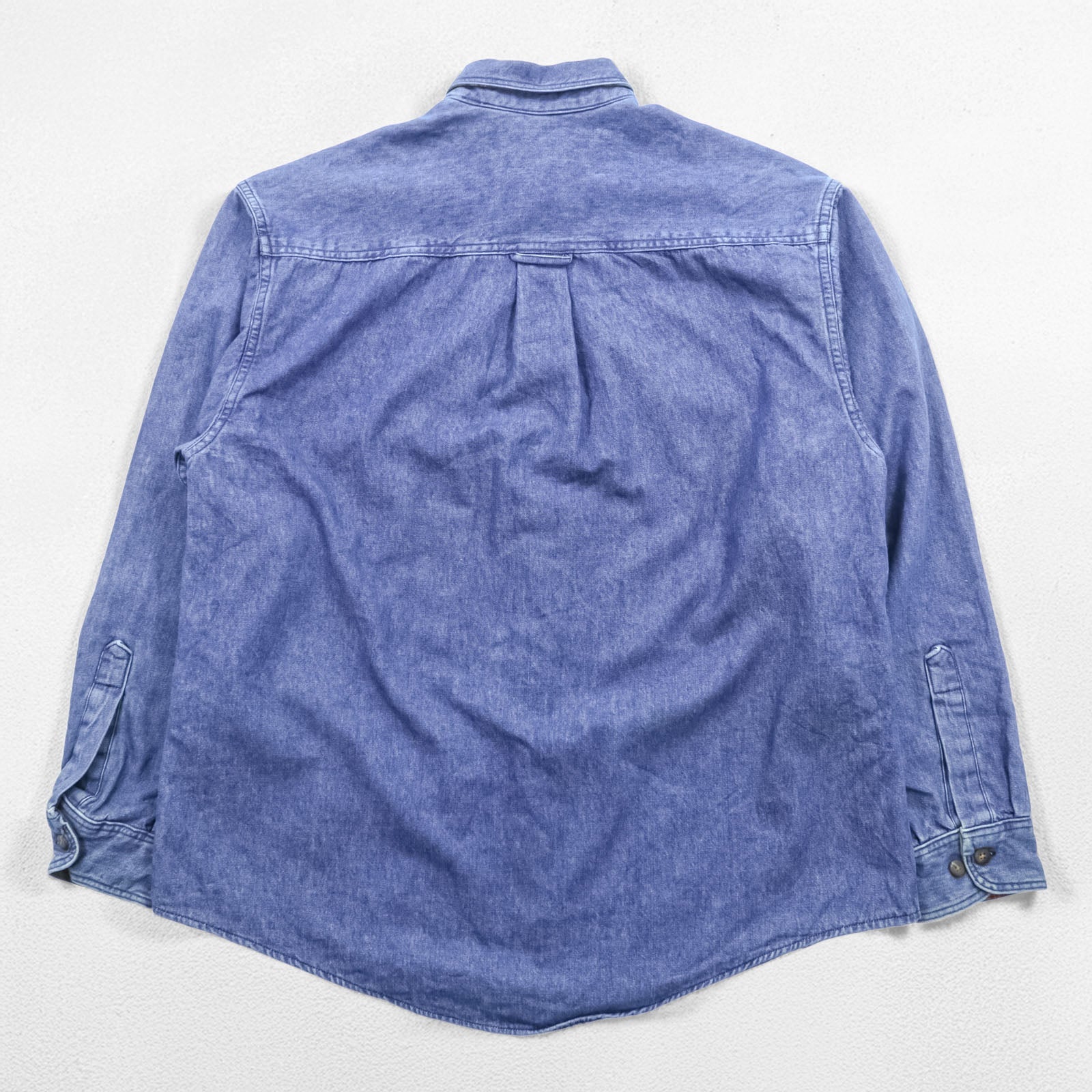 Eddie Bauer 90s USA Made Denim Work Shirt L Indigo Chest Pockets Flannel Check Lining