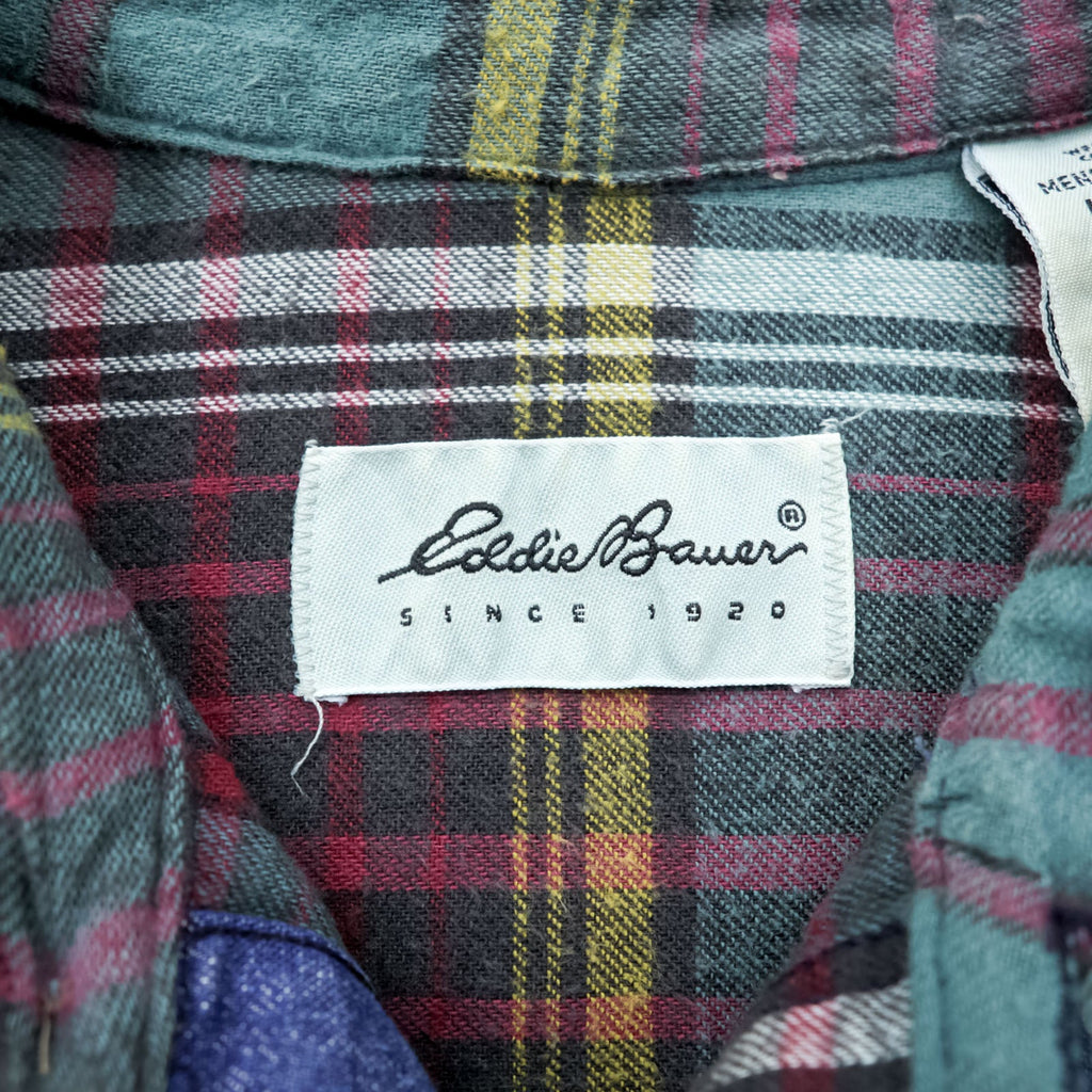 Eddie Bauer 90s USA Made Denim Work Shirt L Indigo Chest Pockets Flannel Check Lining