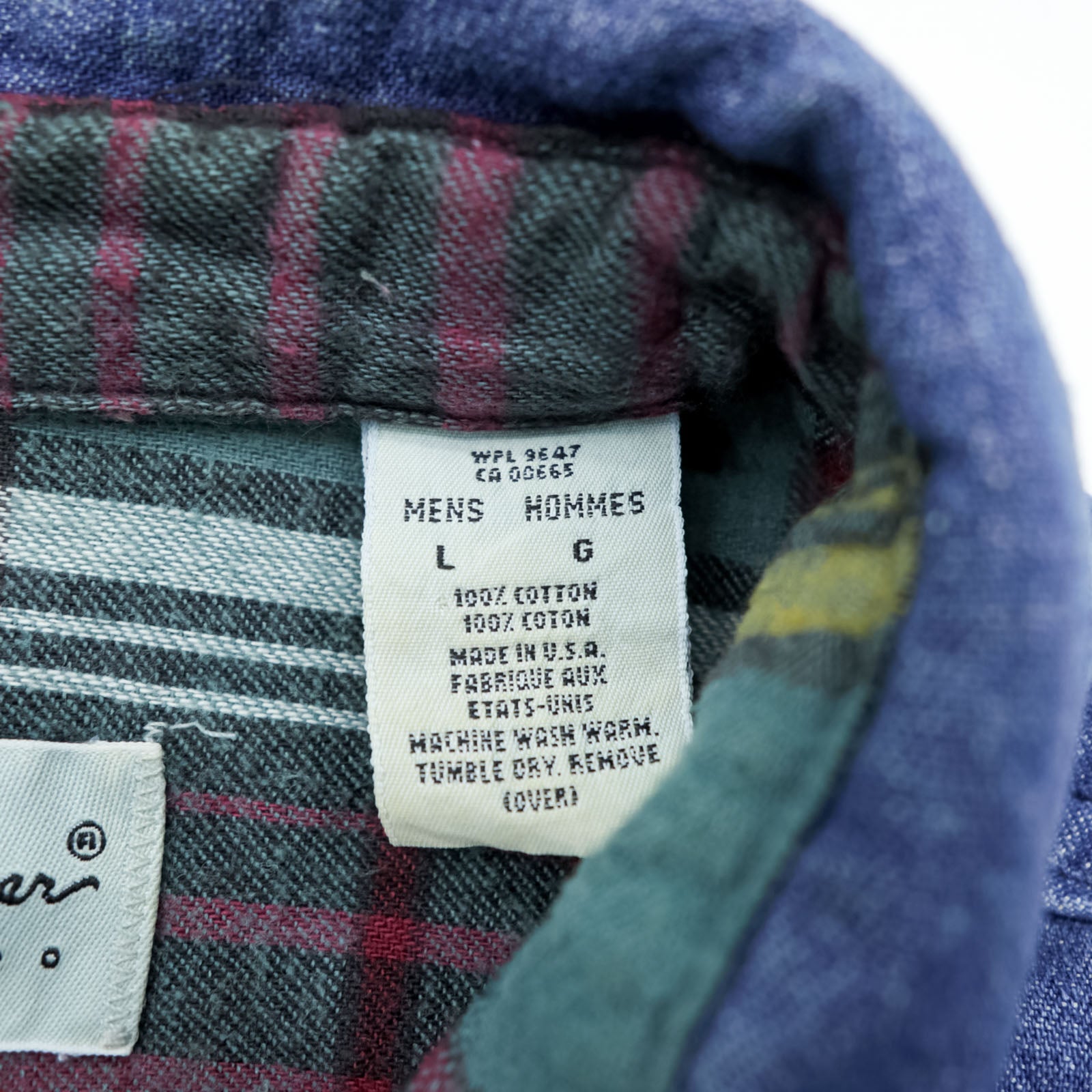 Eddie Bauer 90s USA Made Denim Work Shirt L Indigo Chest Pockets Flannel Check Lining