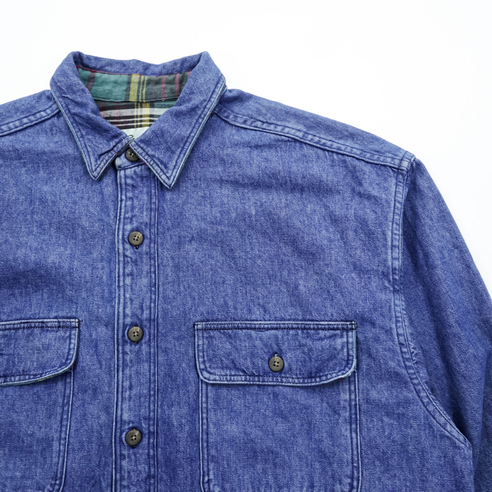 Eddie Bauer 90s USA Made Denim Work Shirt L Indigo Chest Pockets Flannel Check Lining