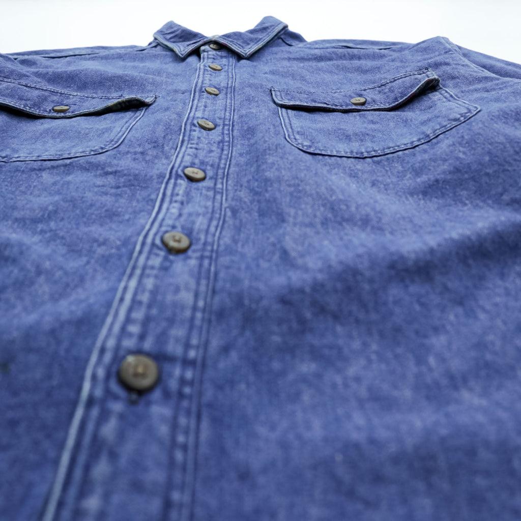 Eddie Bauer 90s USA Made Denim Work Shirt L Indigo Chest Pockets Flannel Check Lining