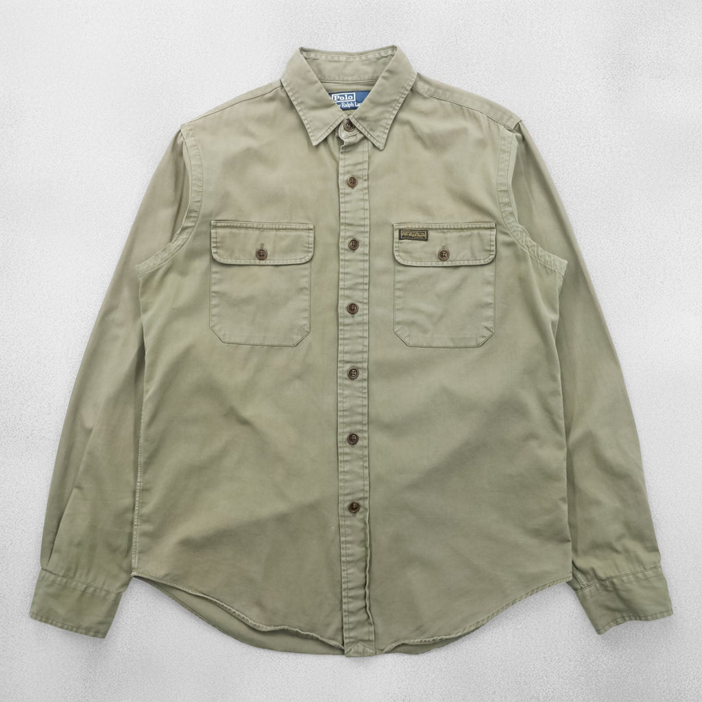 Polo Ralph Lauren 90s Military Work Shirt M Khaki Cotton Chest Pockets
