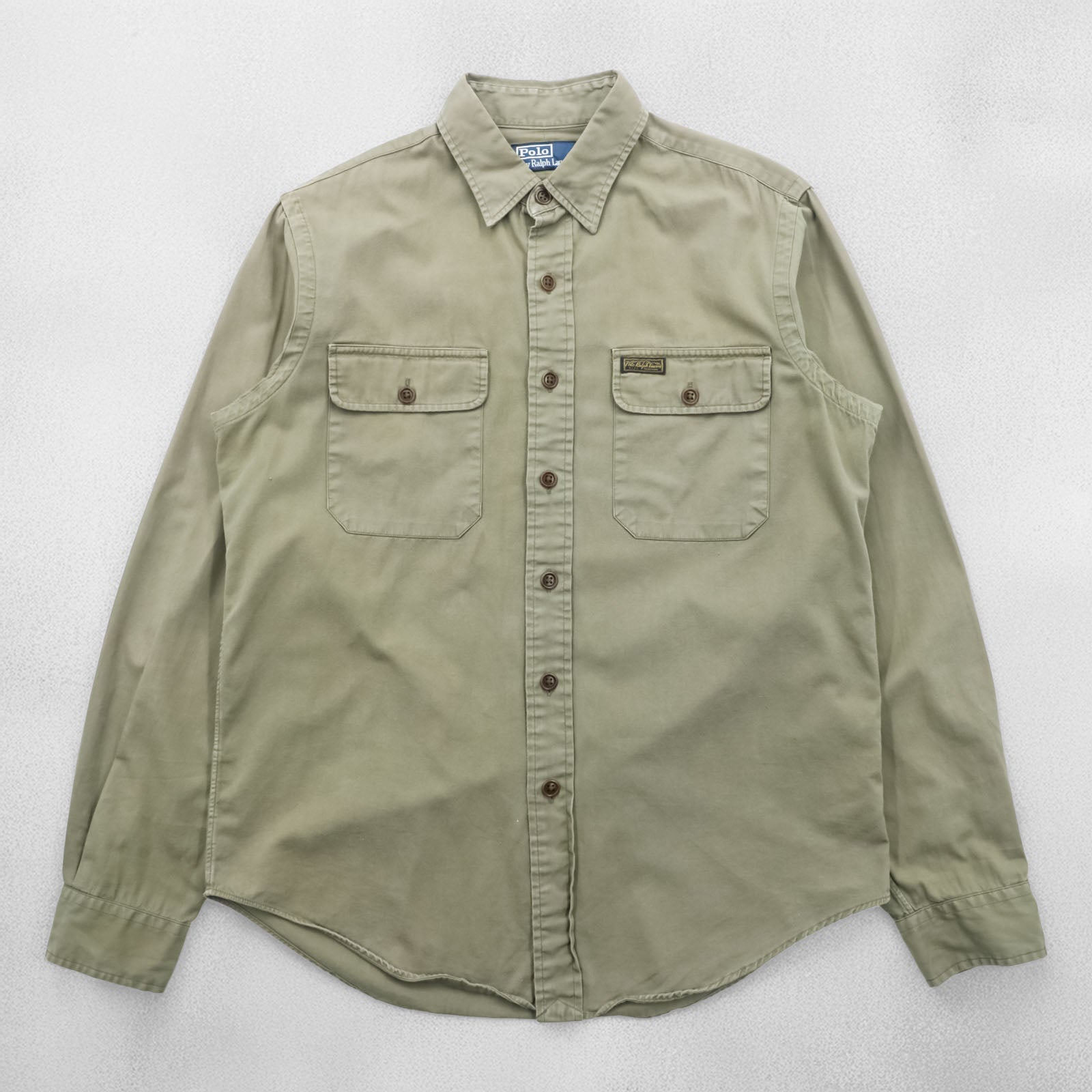 Polo Ralph Lauren 90s Military Work Shirt M Khaki Cotton Chest Pockets
