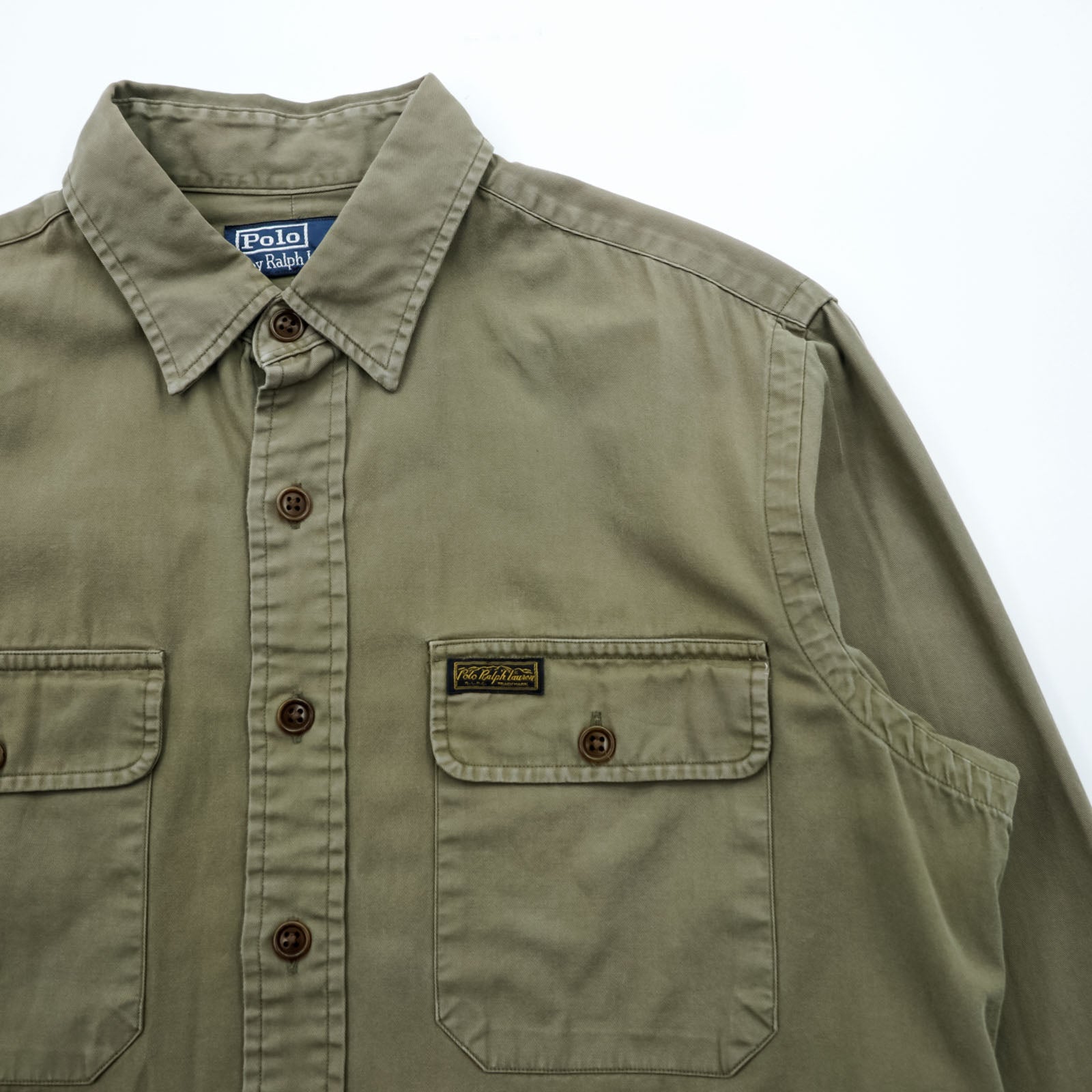 Polo Ralph Lauren 90s Military Work Shirt M Khaki Cotton Chest Pockets