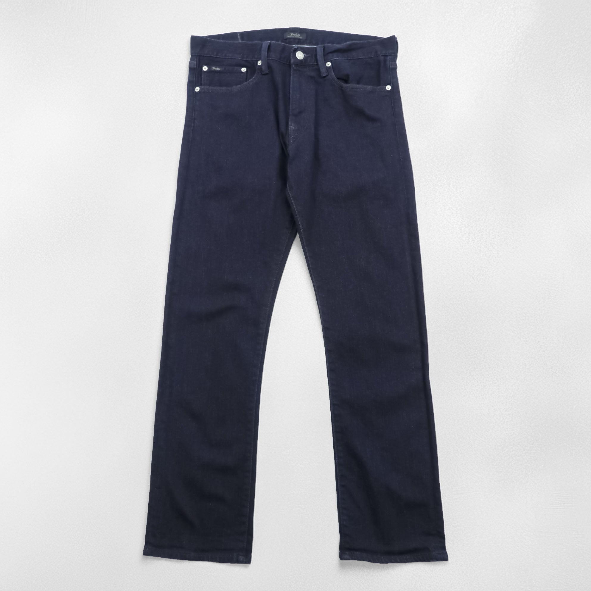 Polo Ralph Lauren Denim Pants Jeans M Stretch Indigo Dark Blue Slim Straight Leather Patch THE VARICK SLIM STRAIGHT