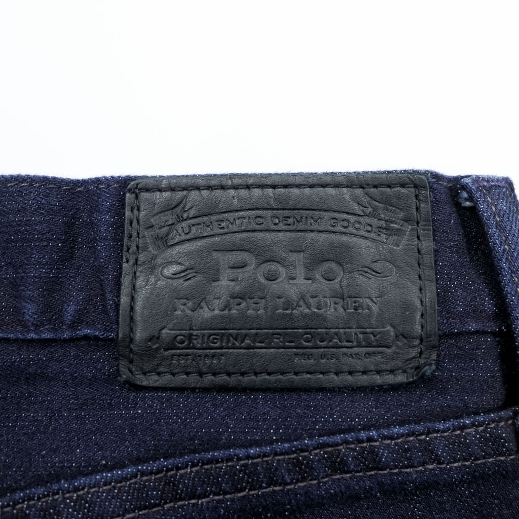 Polo Ralph Lauren Denim Pants Jeans M Stretch Indigo Dark Blue Slim Straight Leather Patch THE VARICK SLIM STRAIGHT