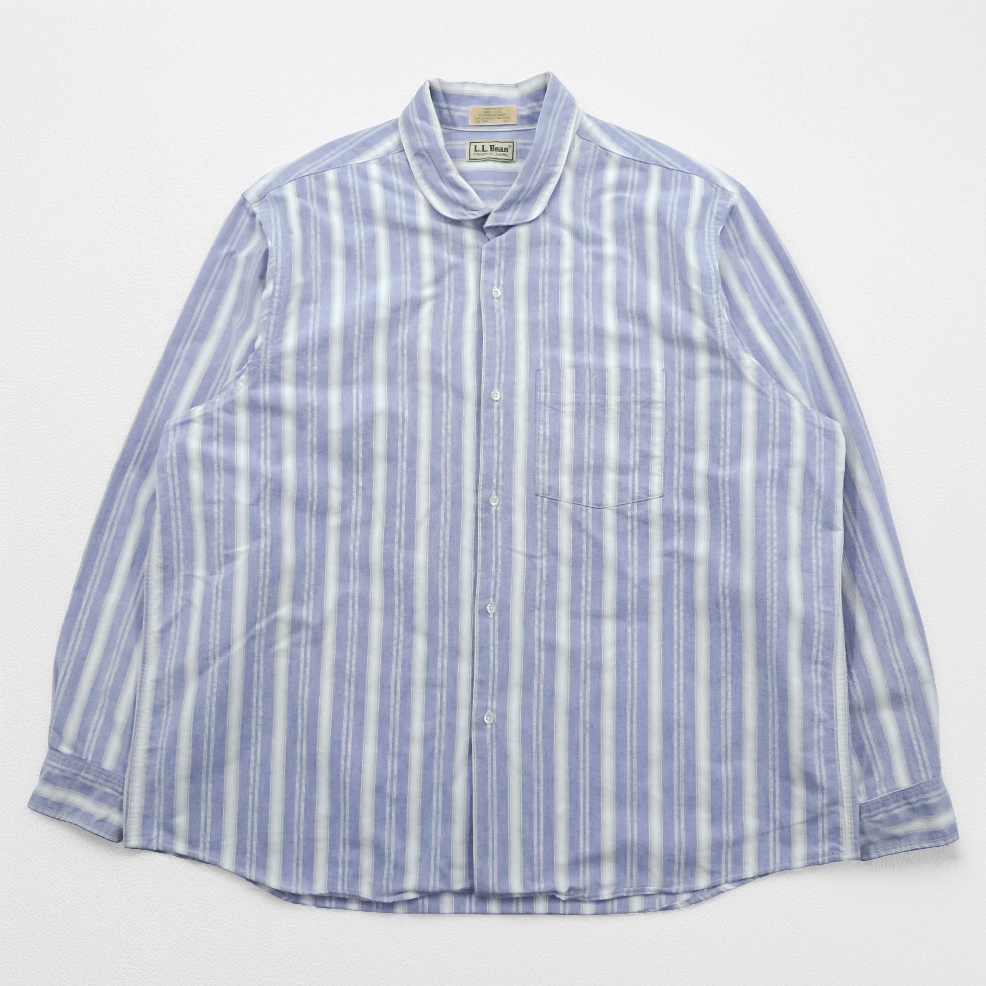 L.L.Bean 80s USA-Made Round Collar Shirt L Striped Blue White Chest Pocket Peter Pan Collar