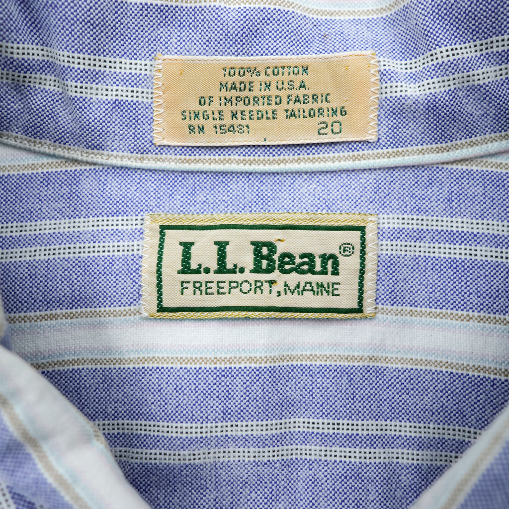 L.L.Bean 80s USA-Made Round Collar Shirt L Striped Blue White Chest Pocket Peter Pan Collar