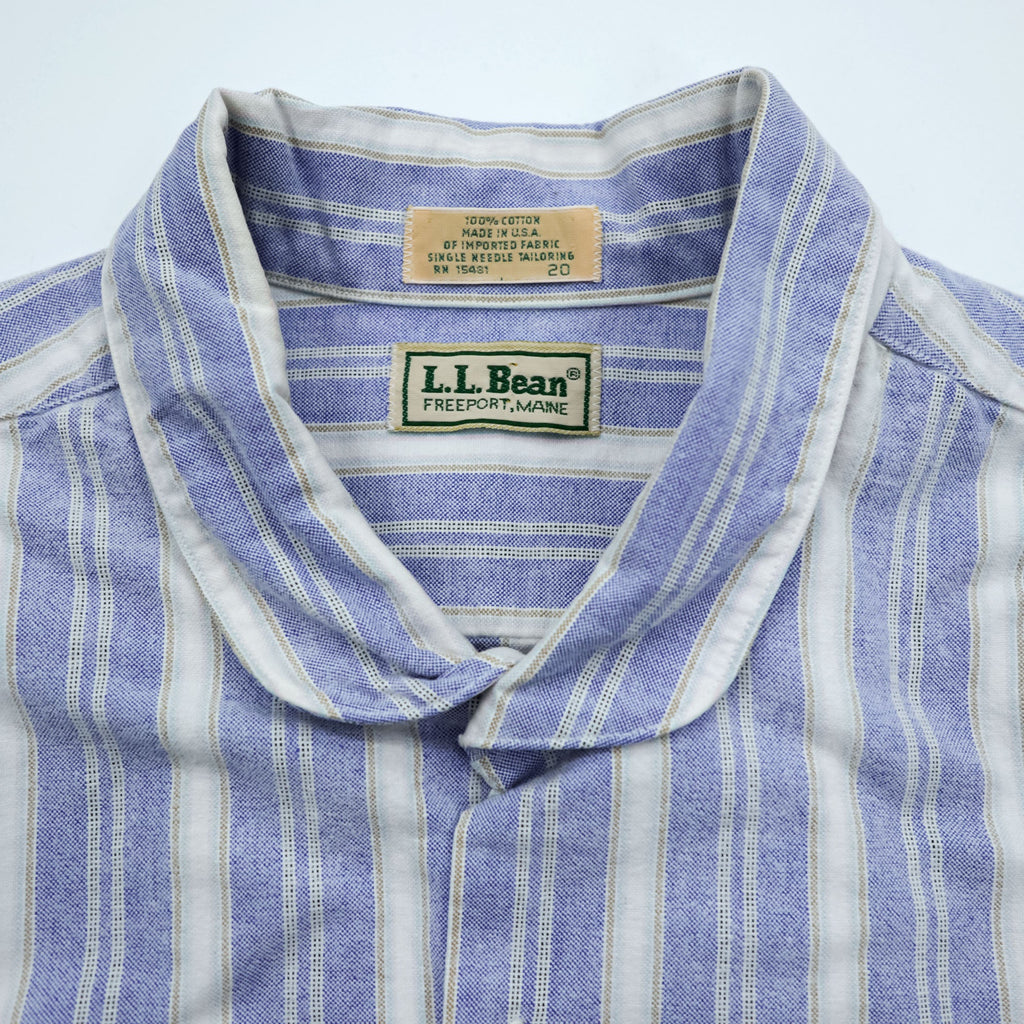 L.L.Bean 80s USA-Made Round Collar Shirt L Striped Blue White Chest Pocket Peter Pan Collar