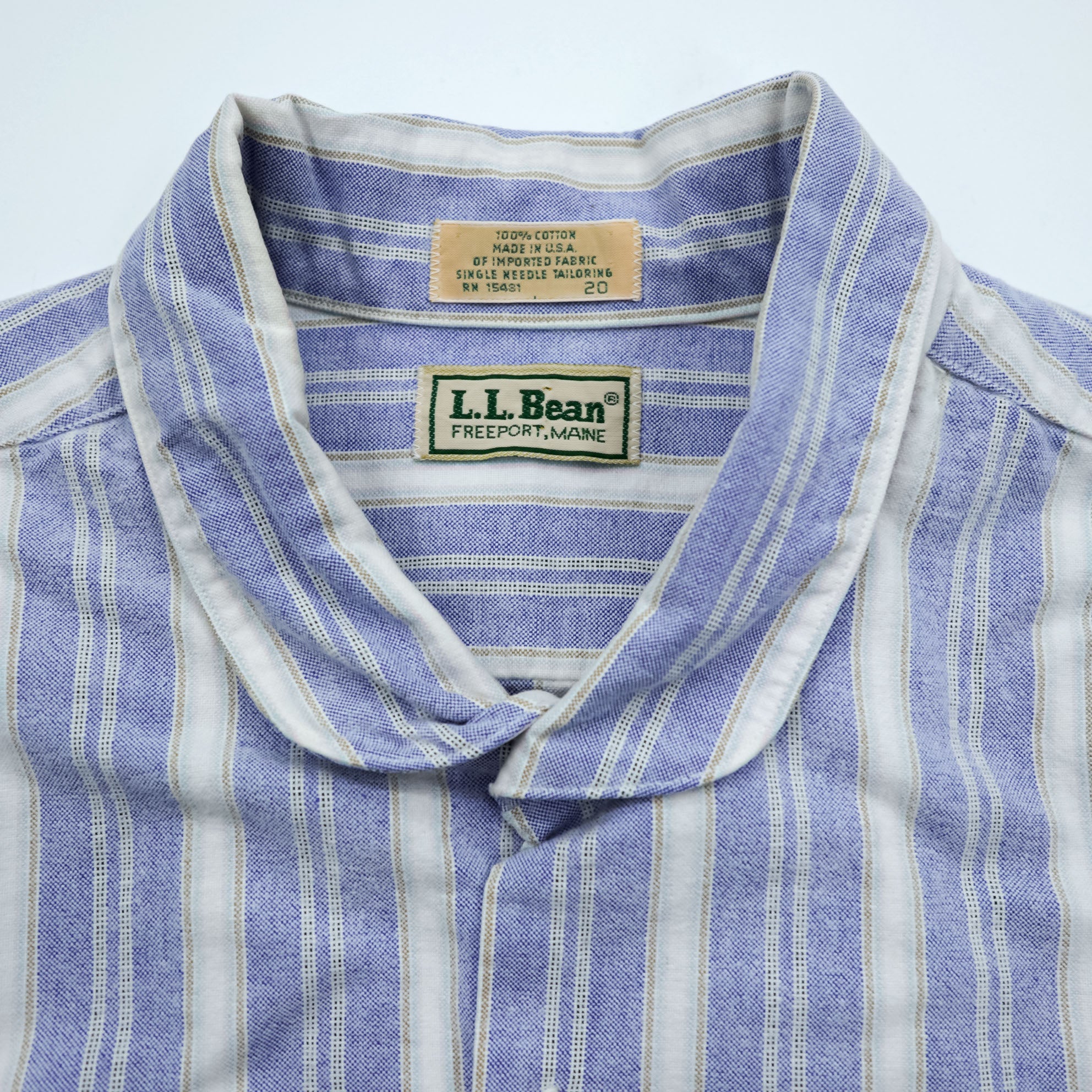 L.L.Bean 80s USA-Made Round Collar Shirt L Striped Blue White Chest Pocket Peter Pan Collar