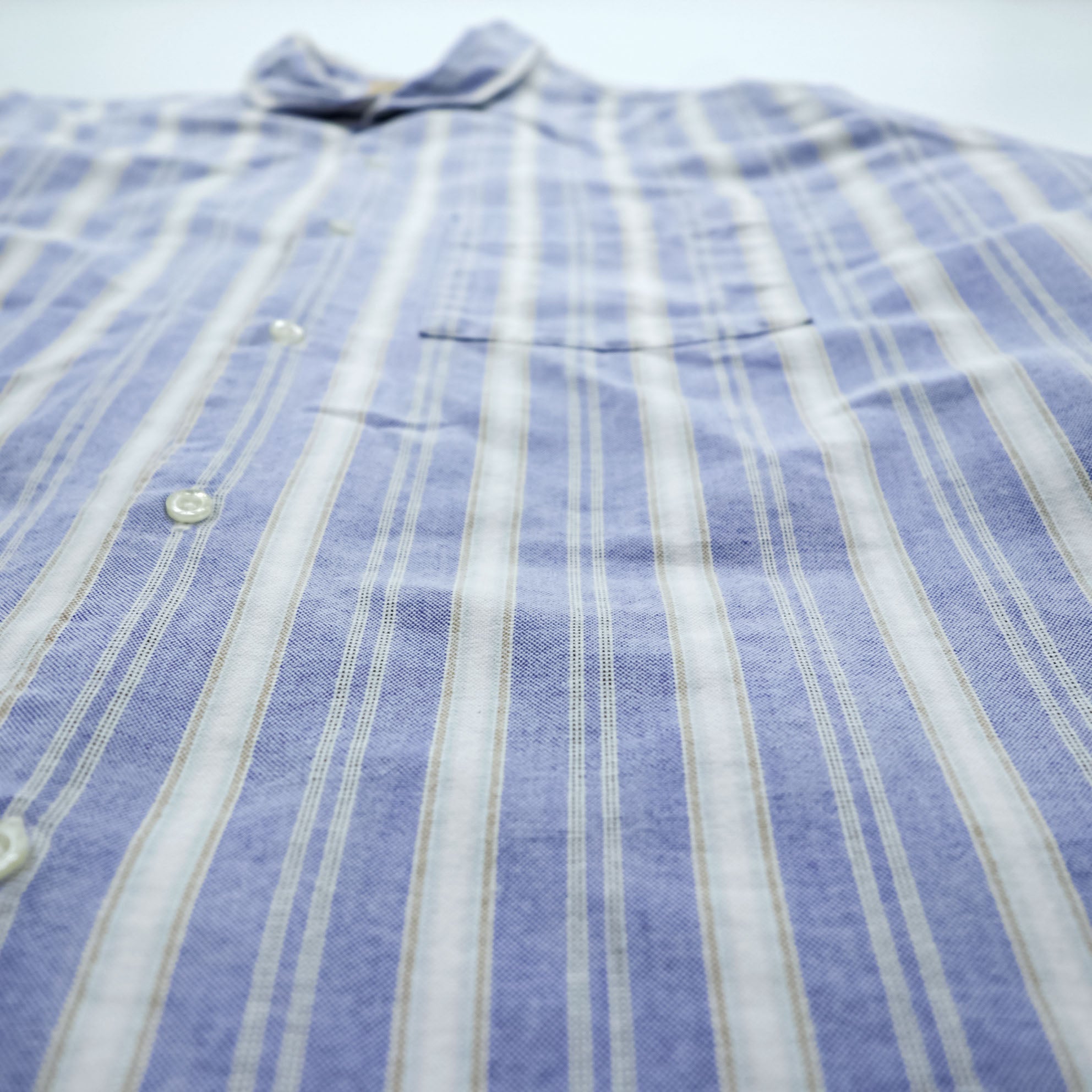 L.L.Bean 80s USA-Made Round Collar Shirt L Striped Blue White Chest Pocket Peter Pan Collar