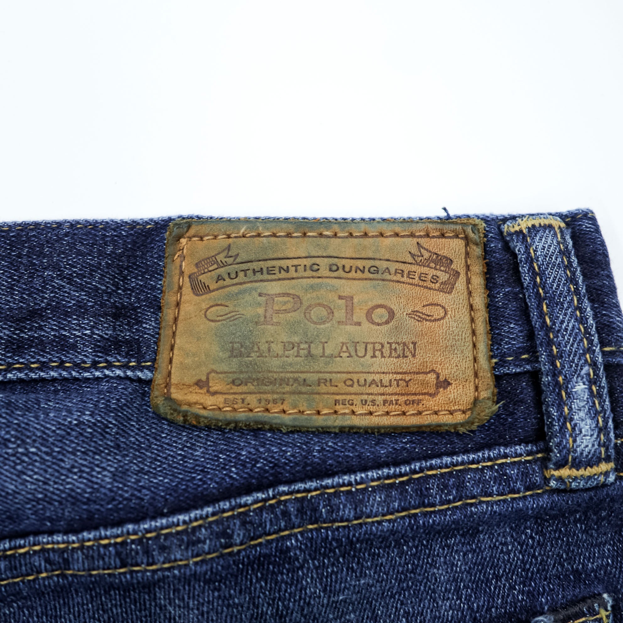 Polo Ralph Lauren ヴィンテージ加工 ストレート デニムパンツ ジーンズ L ストレッチ インディゴブルー レザーパッチ VARICK SLIM STRAIGHT