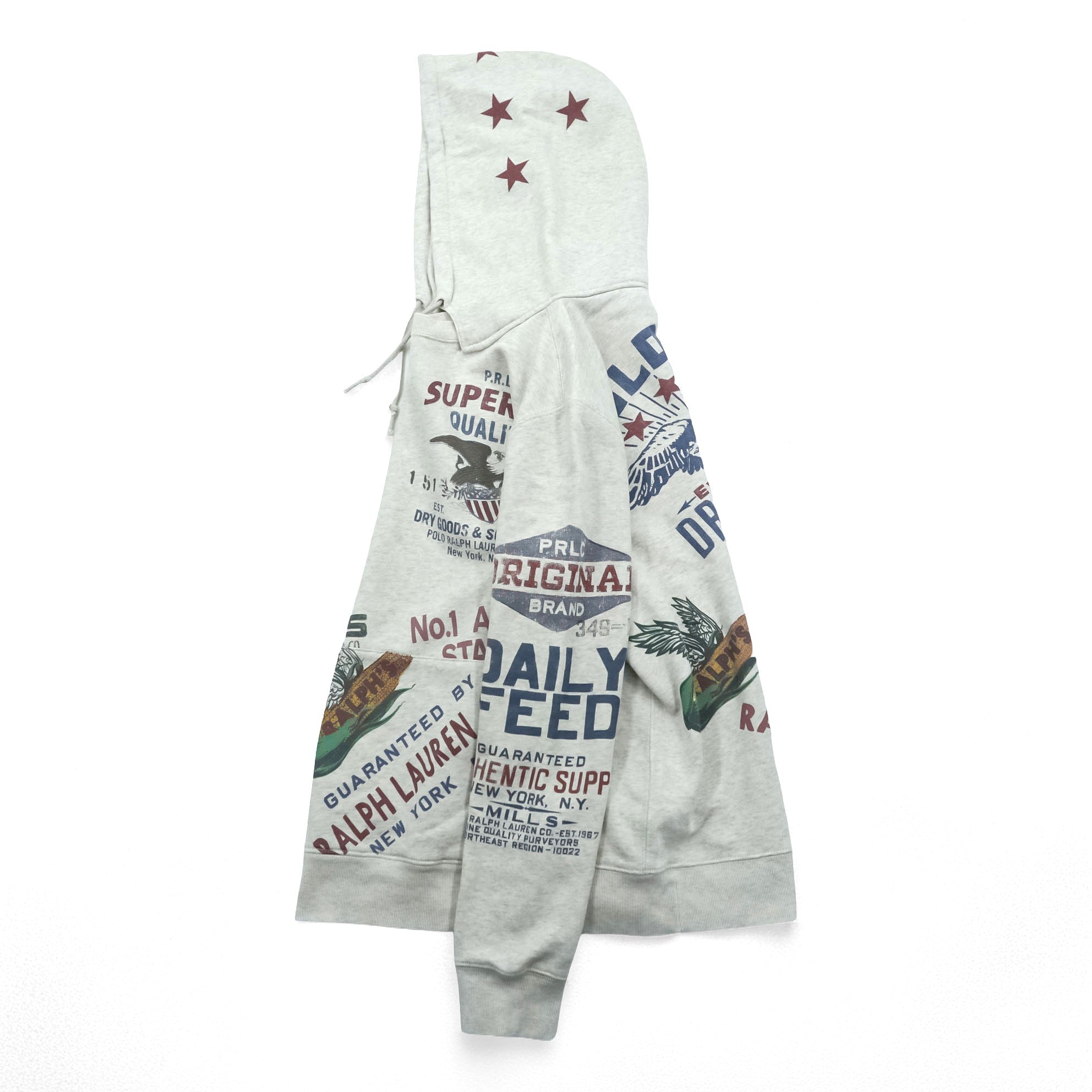 Polo Ralph Lauren ヴィンテージ加工 染み込み プリント 後付け パーカー M グレー 総柄 プルオーバー コットン 飼料袋