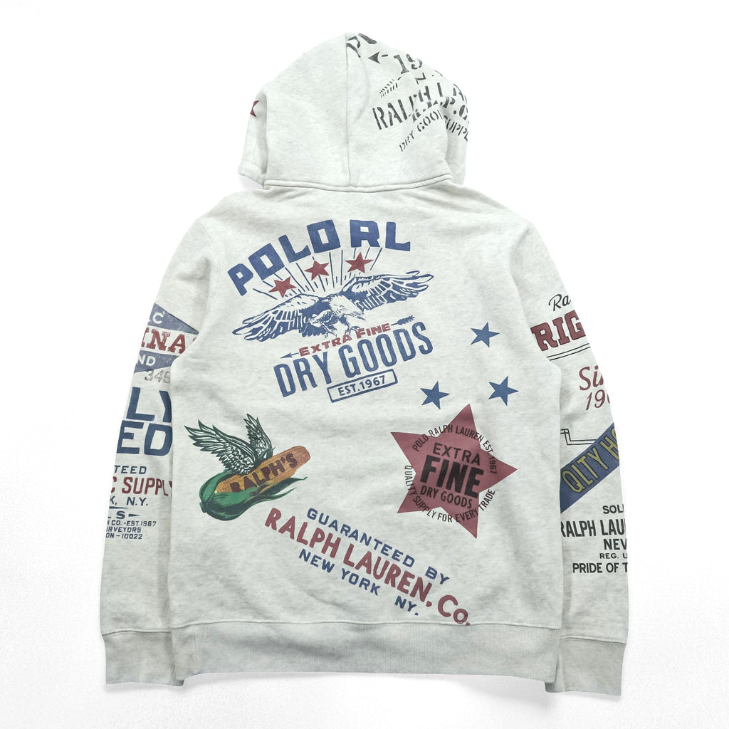Polo Ralph Lauren ヴィンテージ加工 染み込み プリント 後付け パーカー M グレー 総柄 プルオーバー コットン 飼料袋