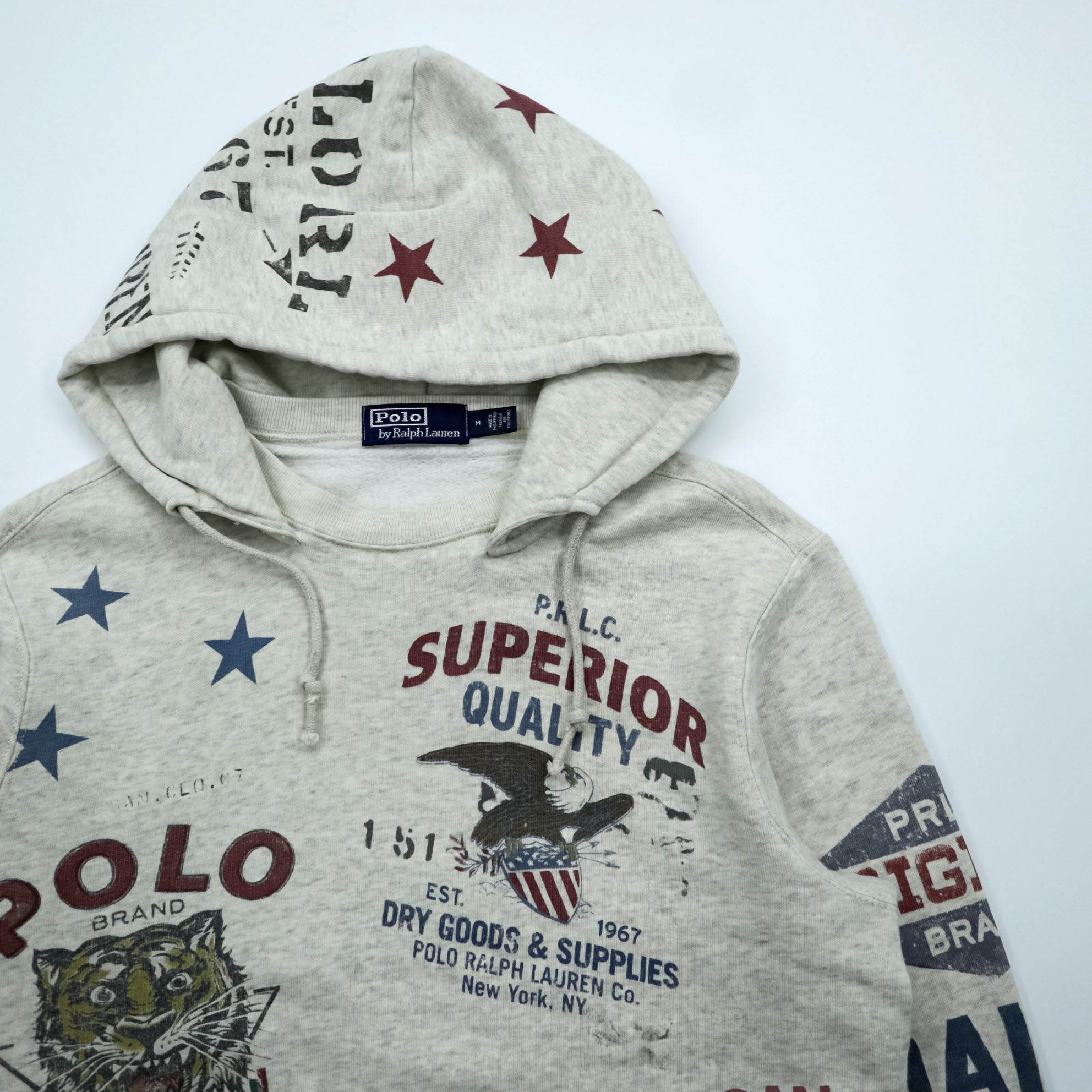 Polo Ralph Lauren ヴィンテージ加工 染み込み プリント 後付け パーカー M グレー 総柄 プルオーバー コットン 飼料袋