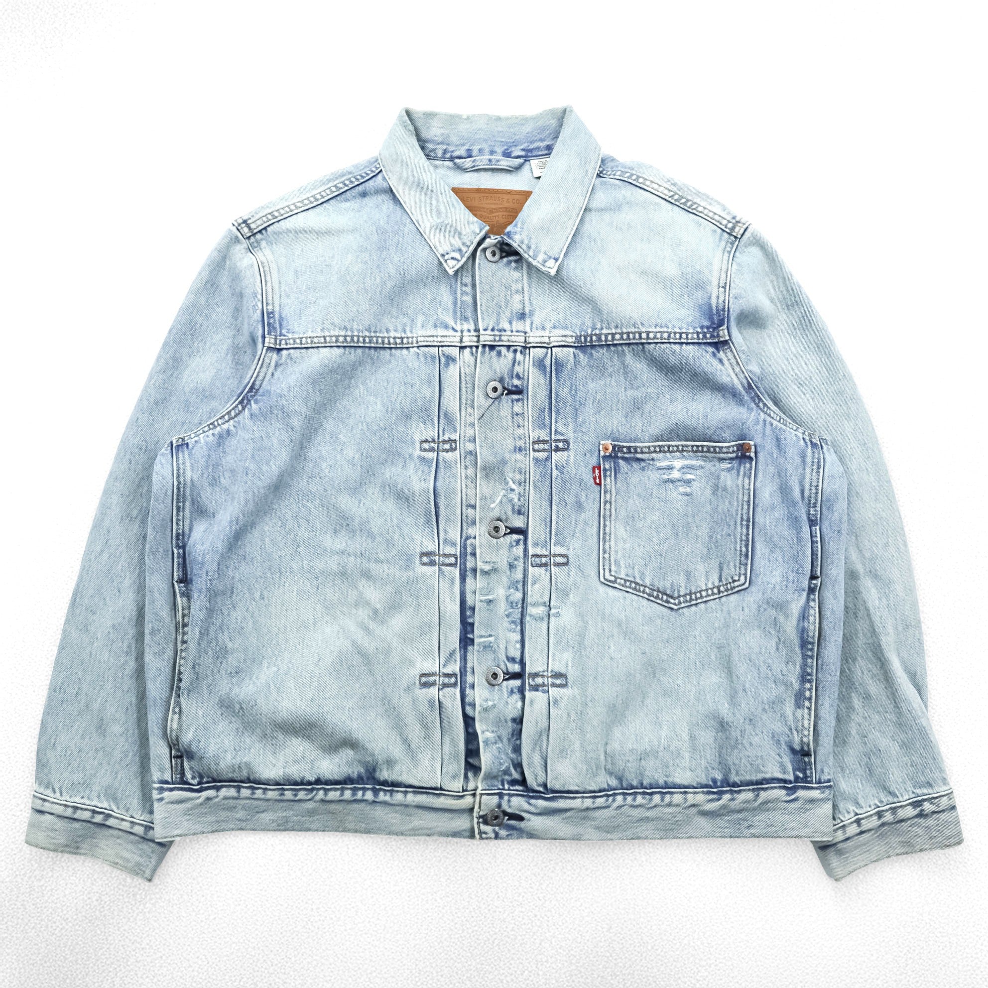 Levi's World War II Model 1st Type Big E Distressed Denim Trucker Jacket Type I G-Jean XL Cinch Back Short Length Double Pleats PREMIUM A3174-0006