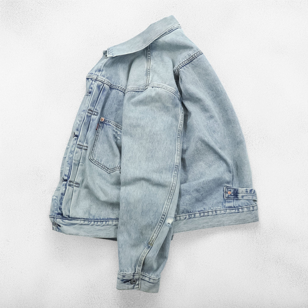 Levi's World War II Model 1st Type Big E Distressed Denim Trucker Jacket Type I G-Jean XL Cinch Back Short Length Double Pleats PREMIUM A3174-0006